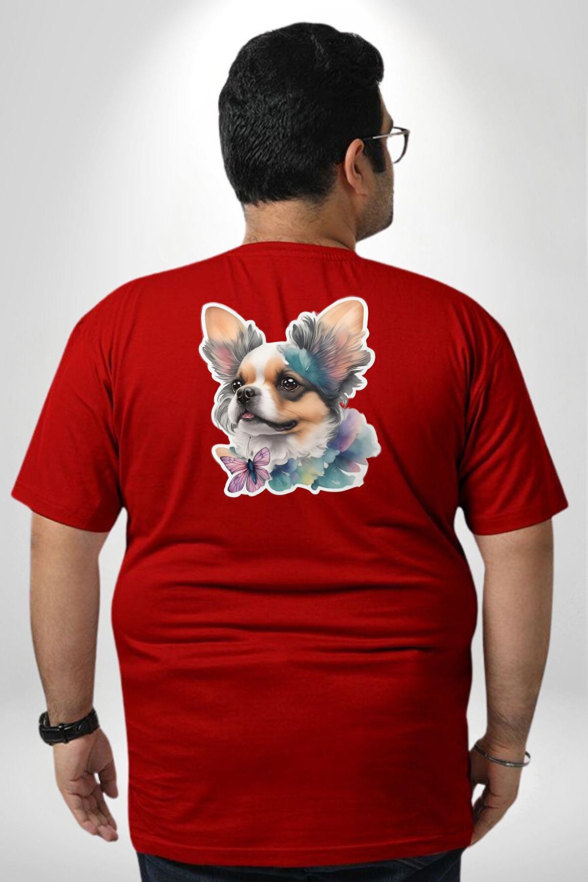 Chihuahua Köpek  Büyük Beden Kırmızı Tişört Kadın Erkek Ünisex Sırt Baskılı