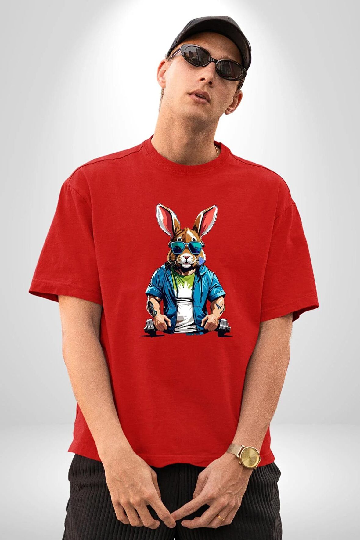 Halter Spor Güneş Gözlüüğü Tavşan Pamuklu Bisiklet Yaka Kadın Erkek Oversize Boyfriend Dijital Baskılı Kırmızı T-Shirt