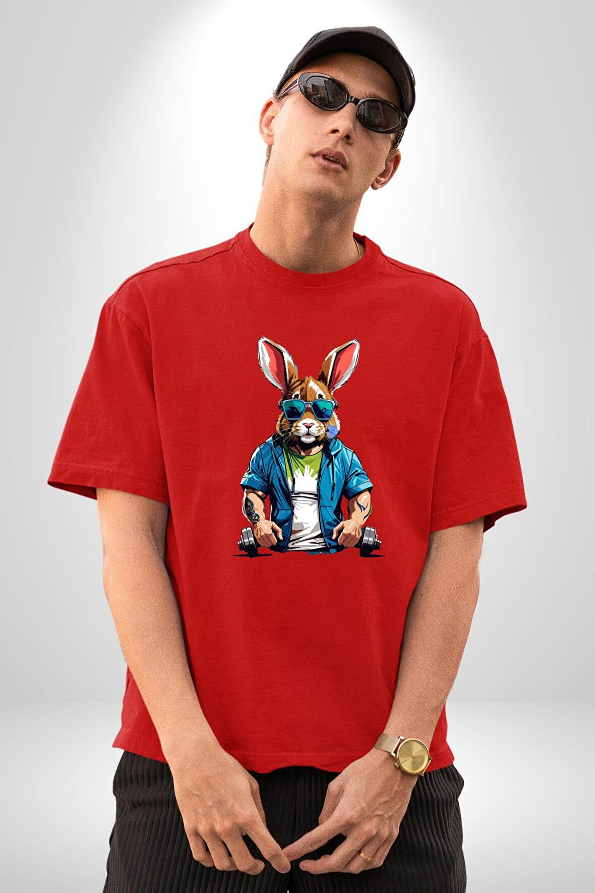 Halter Spor Güneş Gözlüüğü Tavşan Pamuklu Bisiklet Yaka Kadın Erkek Oversize Boyfriend Dijital Baskılı Kırmızı T-Shirt