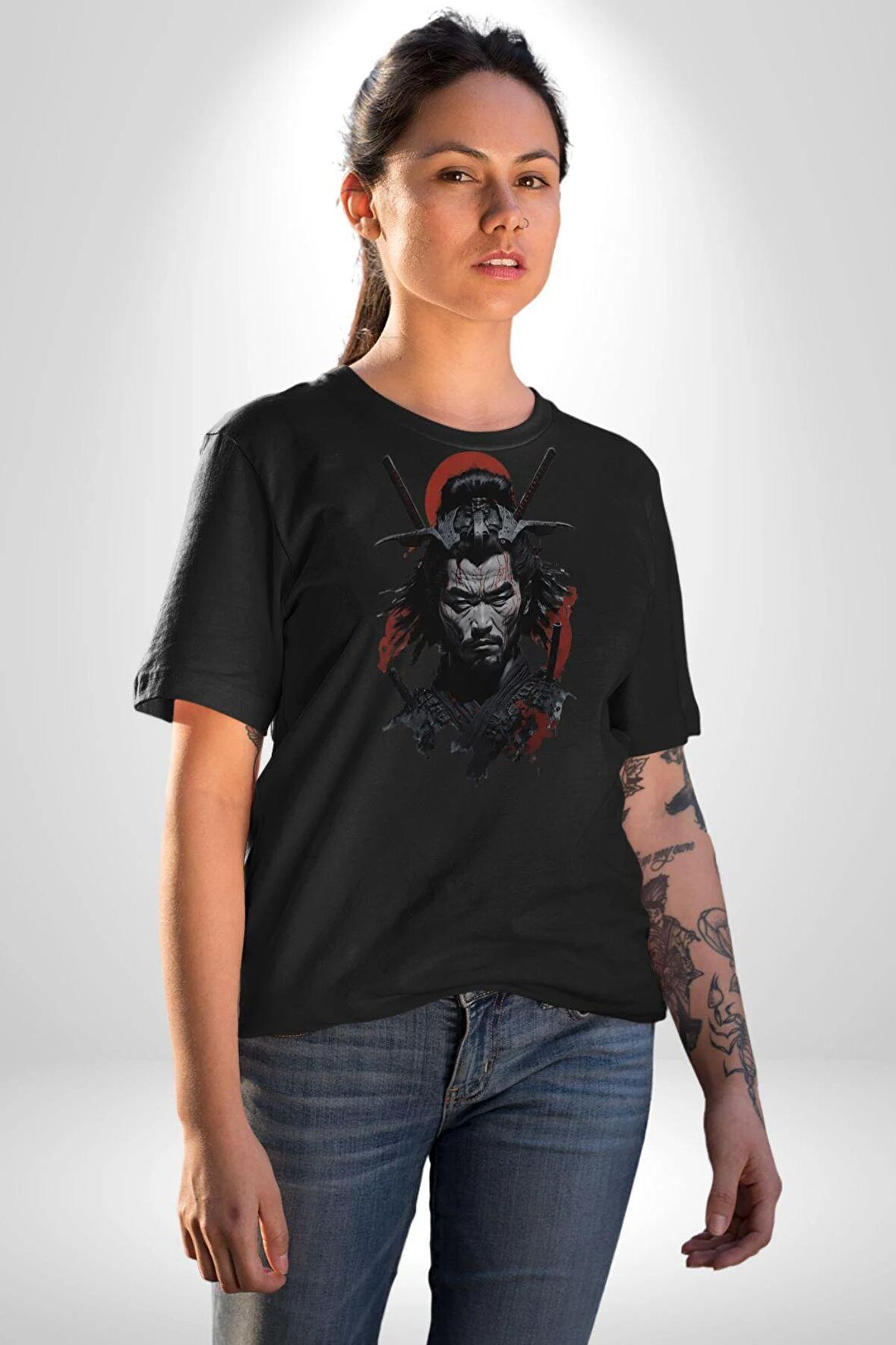 Asyalı Japon Samuray Savaşcı Kadın Erkek Unisex Siyah Organik Baskılı T-Shirt Penye Yüksek Kalite