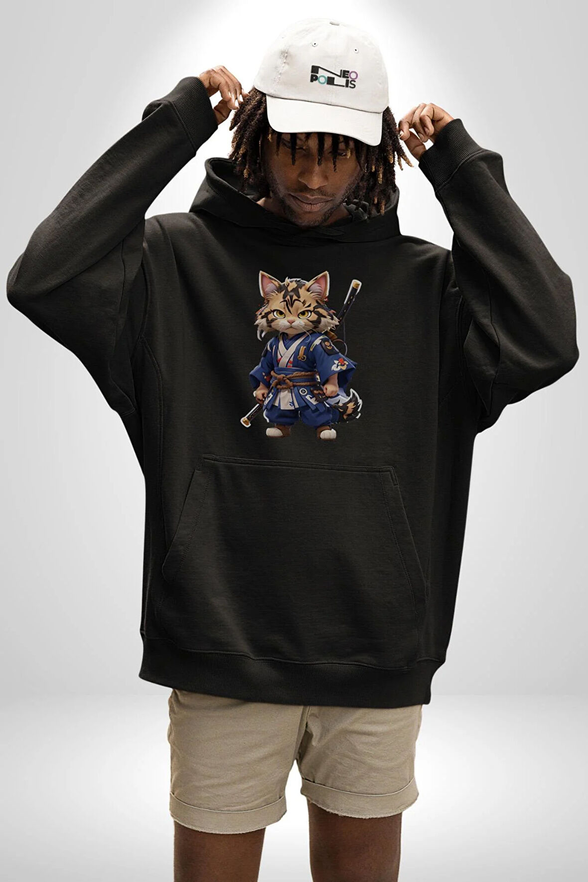 Asyalı Kedi Samuray Savaşcı  Kadın Erkek  Siyah Kapüşonlu Sweatshirt Hoodie