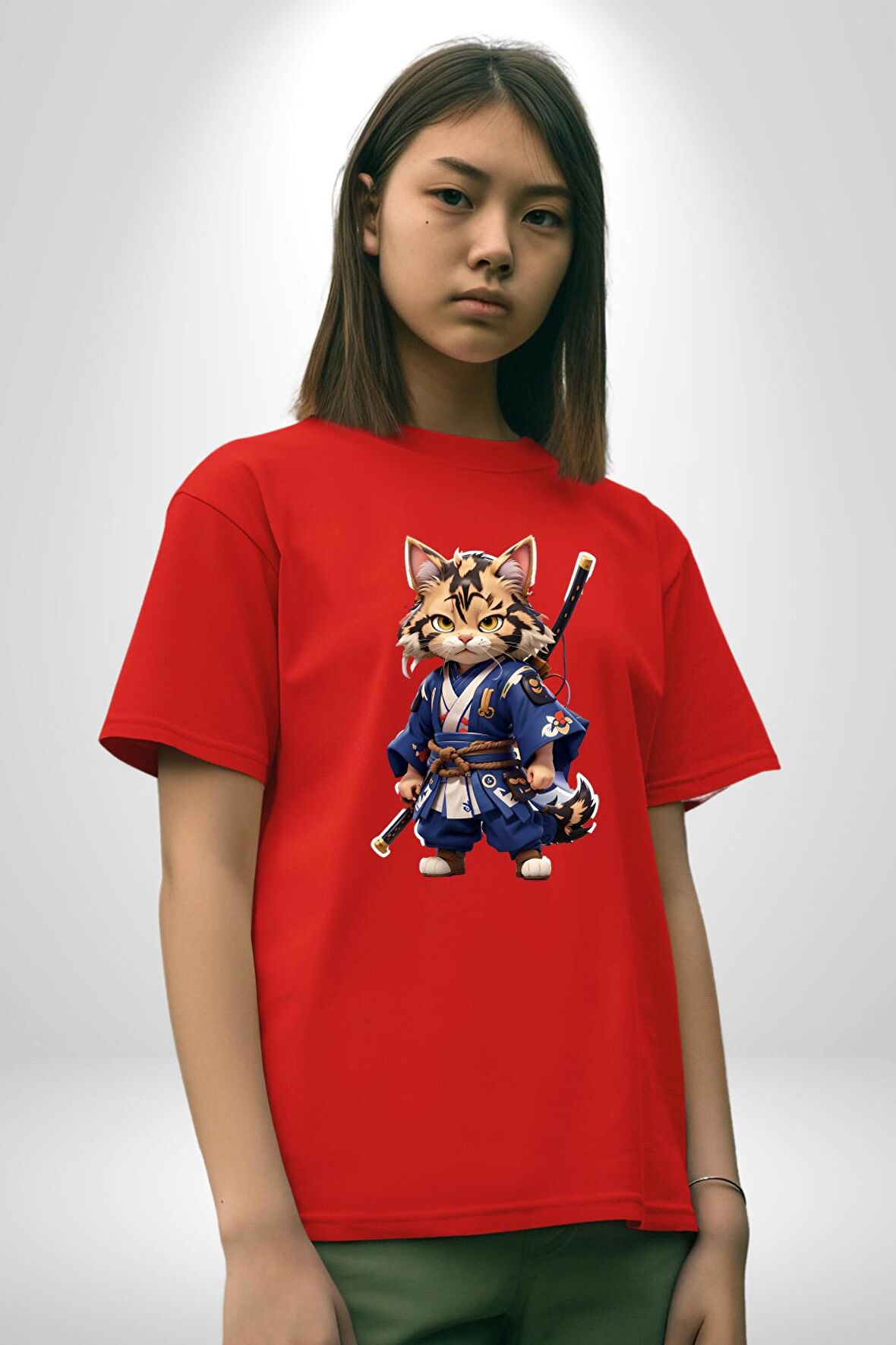 Asyalı Kedi Samuray Savaşcı  Pamuklu Bisiklet Yaka Kadın Erkek Oversize Boyfriend Dijital Baskılı Kırmızı T-Shirt