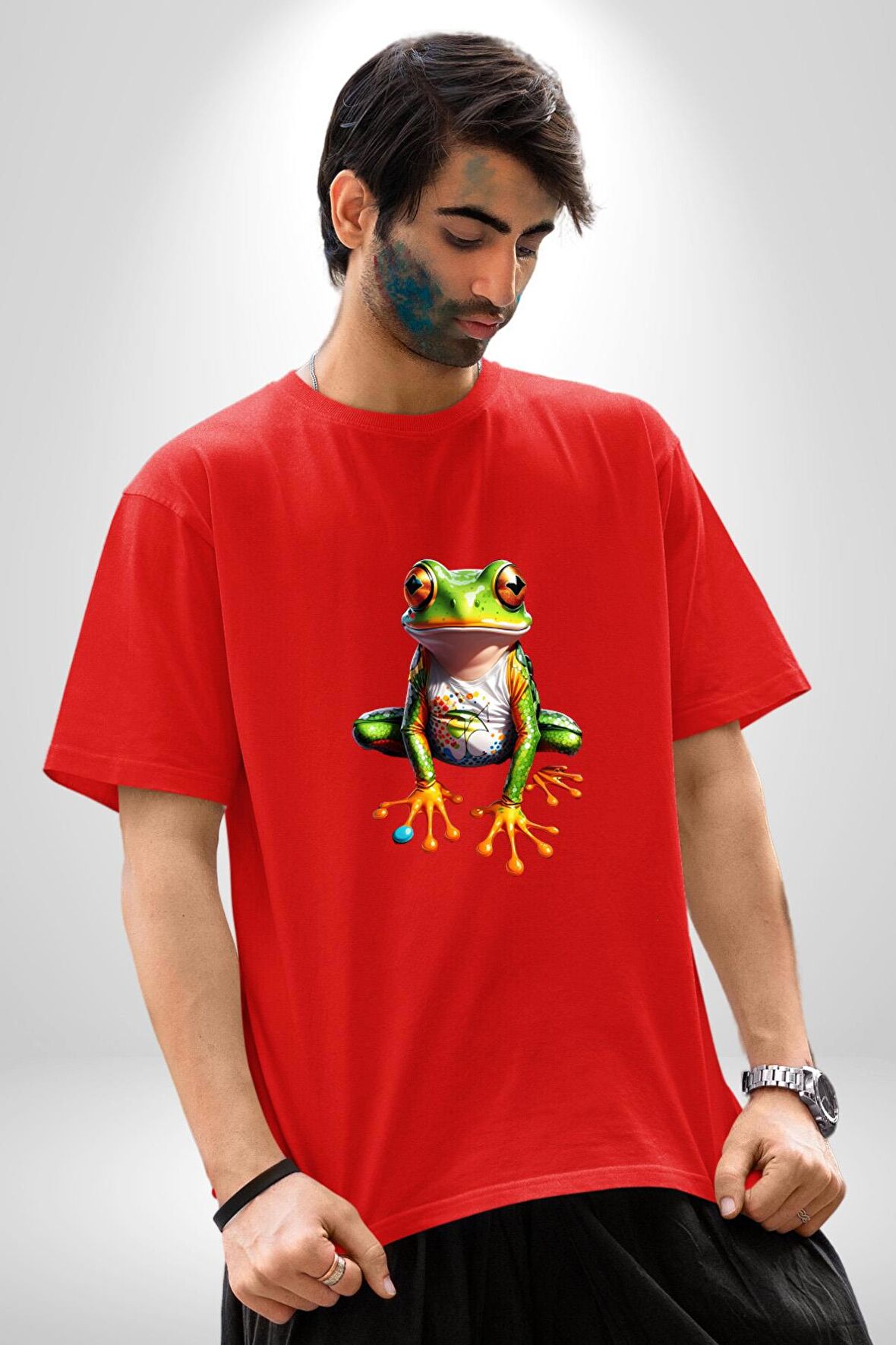 Frog Kurbağa Prens  Pamuklu Bisiklet Yaka Kadın Erkek Oversize Boyfriend Dijital Baskılı Kırmızı T-Shirt
