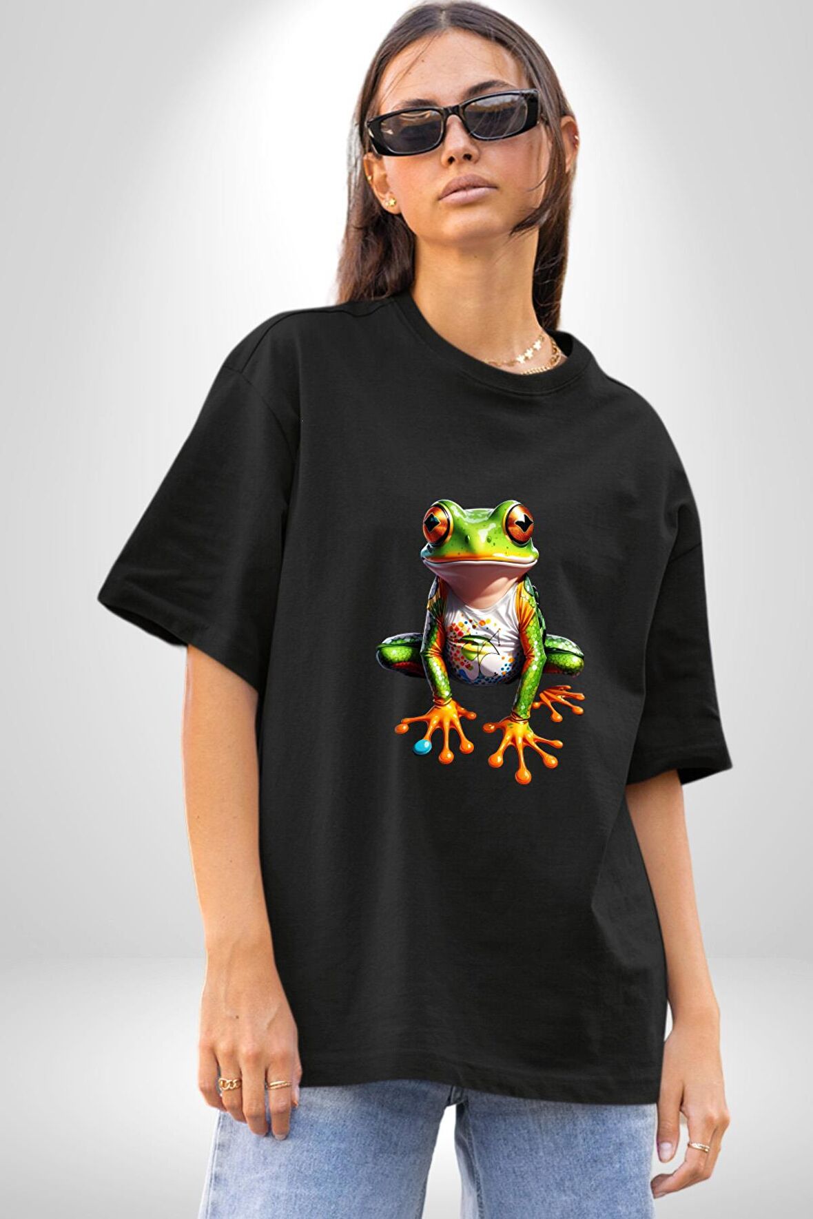 Frog Kurbağa Prens  Pamuklu Bisiklet Yaka Kadın Erkek Oversize Boyfriend Dijital Baskılı Siyah T-shirt