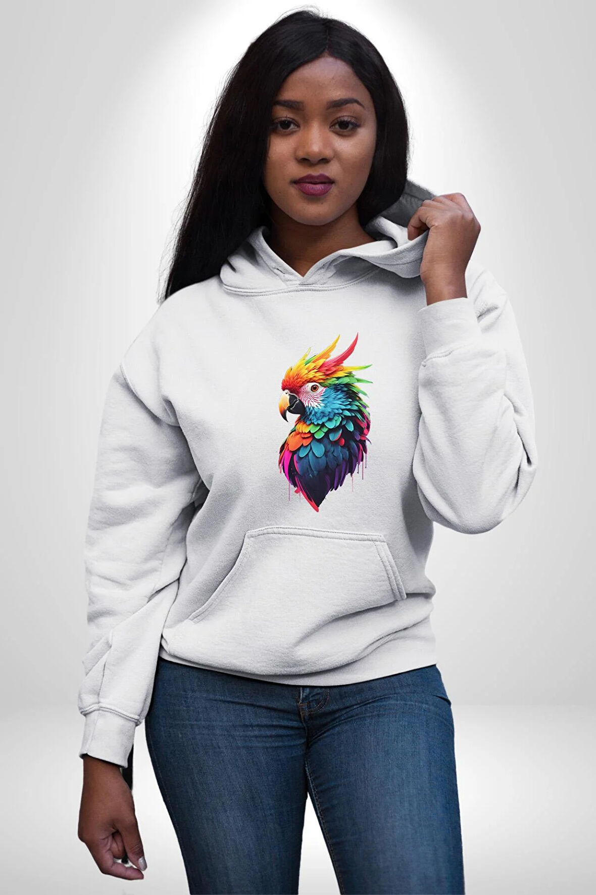 Renkli Amerikan Papağanı Kadın Erkek  Beyaz Kapüşonlu Sweatshirt Hoodie