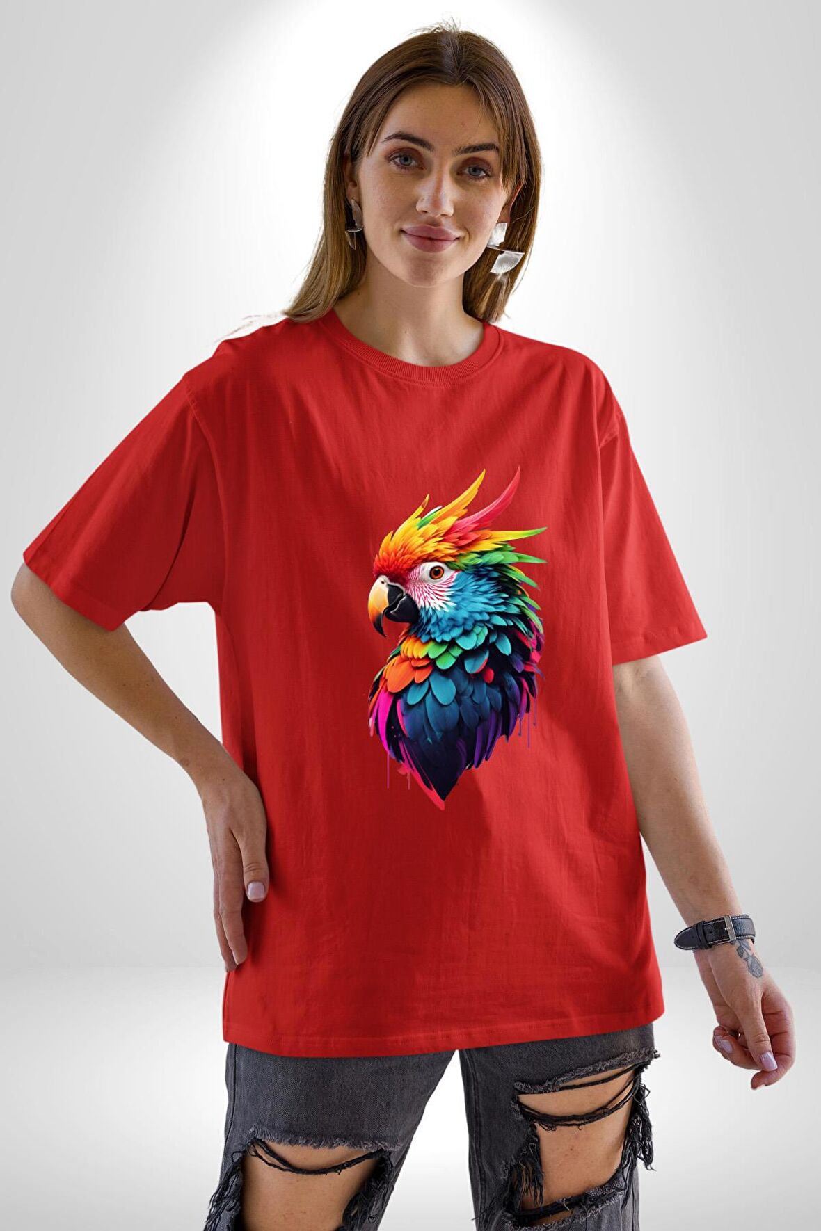 Renkli Amerikan Papağanı Pamuklu Bisiklet Yaka Kadın Erkek Oversize Boyfriend Dijital Baskılı Kırmızı T-Shirt