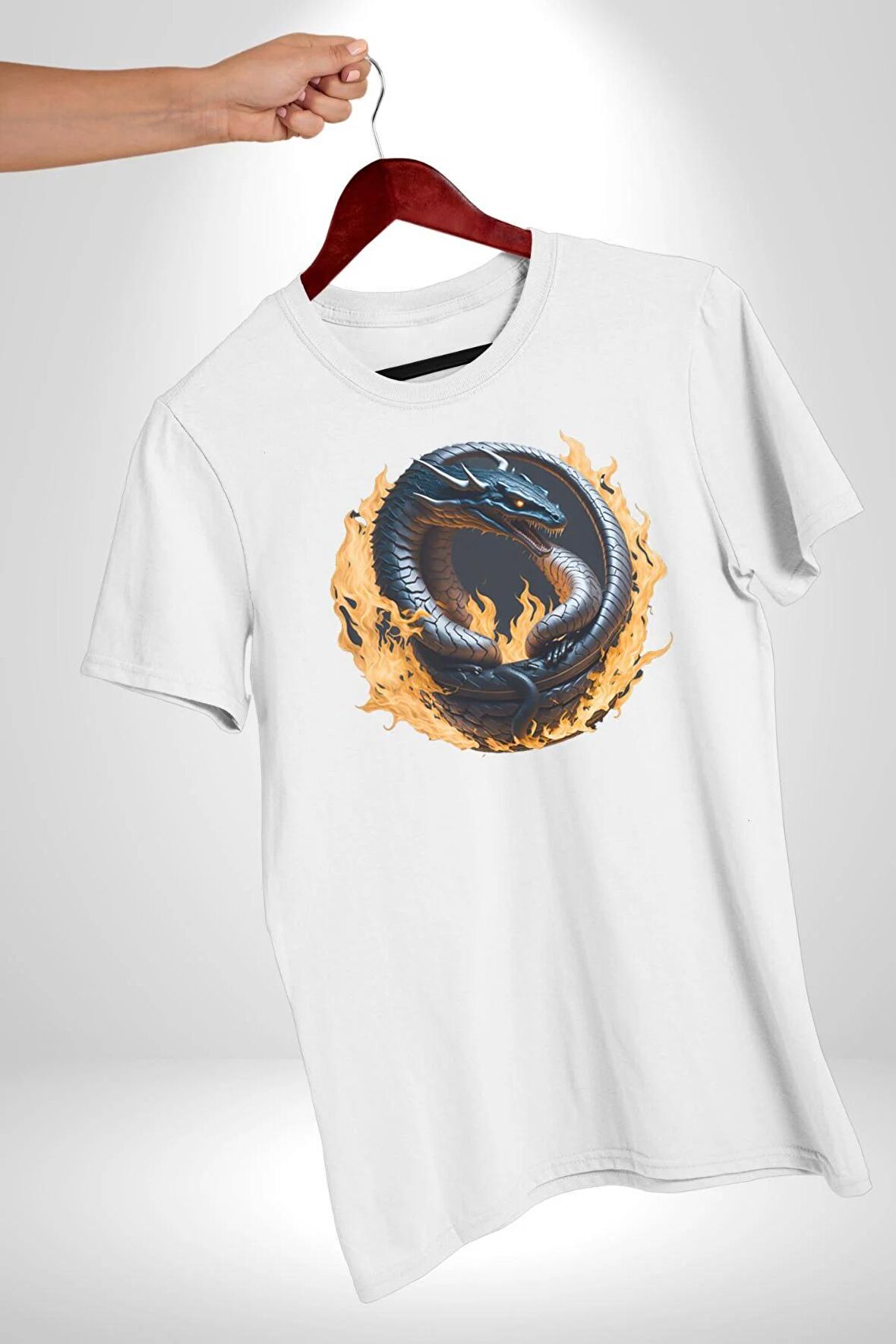 Ejderha Ateşli Top Kadın Erkek Unisex Beyaz Organik Baskılı T-Shirt Penye Yüksek Kalite