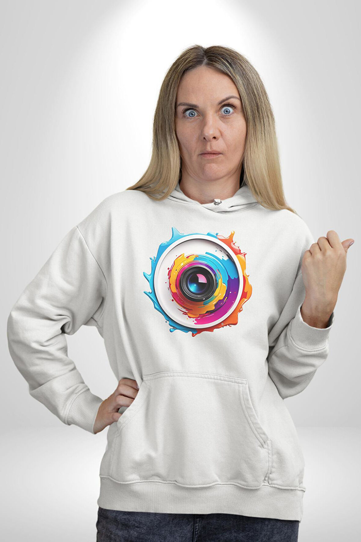 Fotoğraf Makinesi Camera Lens  Kadın Erkek  Beyaz Kapüşonlu Sweatshirt Hoodie