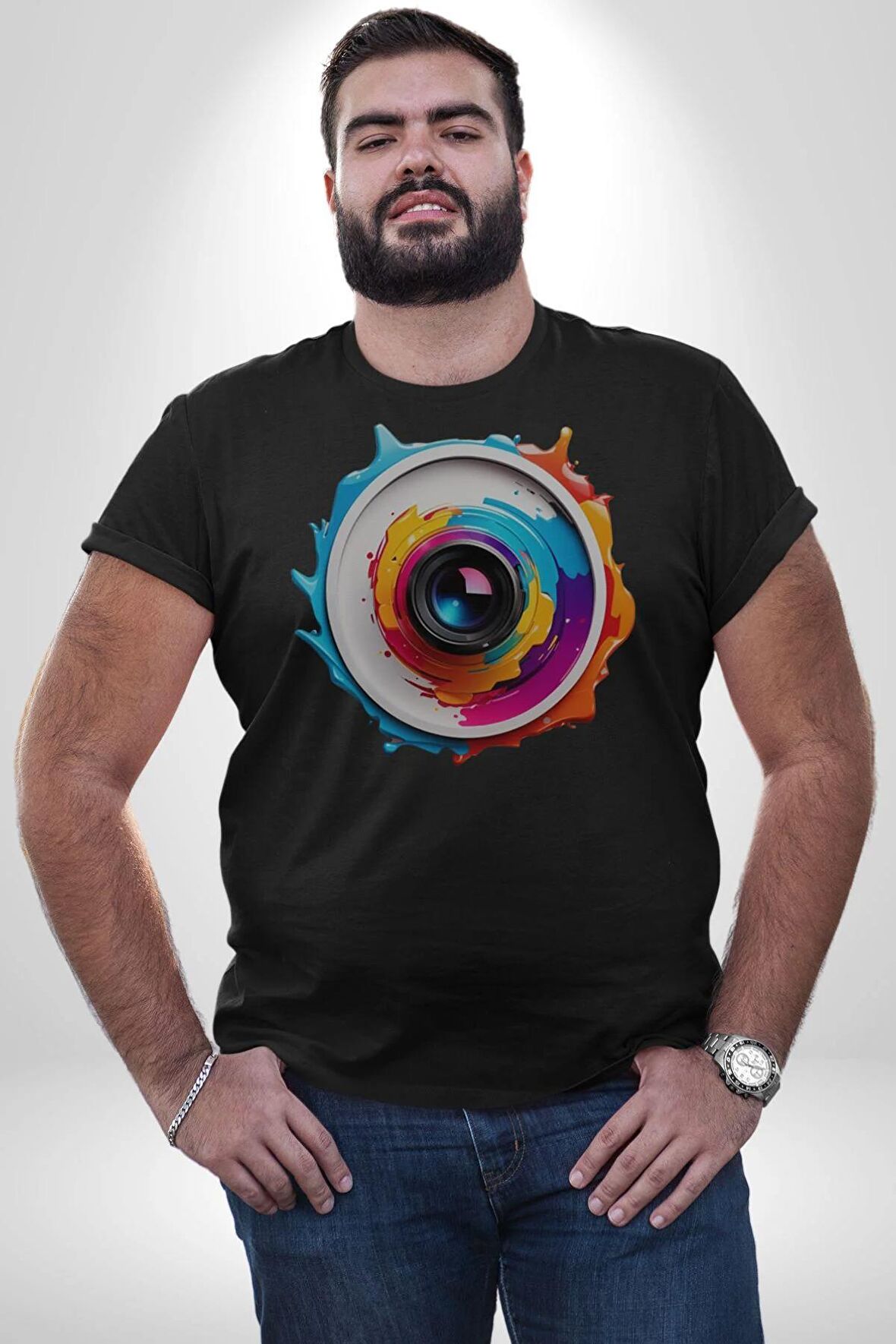 Fotoğraf Makinesi Camera Lens  Kadın Erkek Unisex Siyah Organik Baskılı T-Shirt Penye Yüksek Kalite