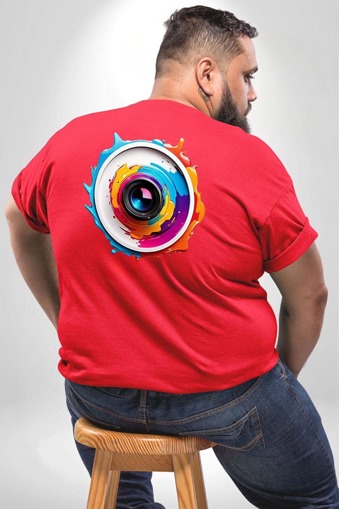 Fotoğraf Makinesi Camera Lens  Büyük Beden Kırmızı Tişört Kadın Erkek Ünisex Sırt Baskılı