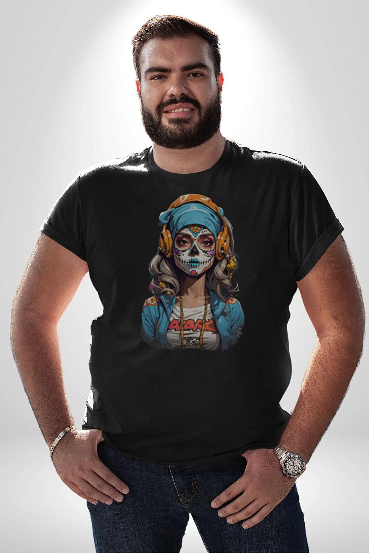 Hippie Cesur Stil Dövmeli Kız  Kadın Erkek Unisex Siyah Organik Baskılı T-Shirt Penye Yüksek Kalite
