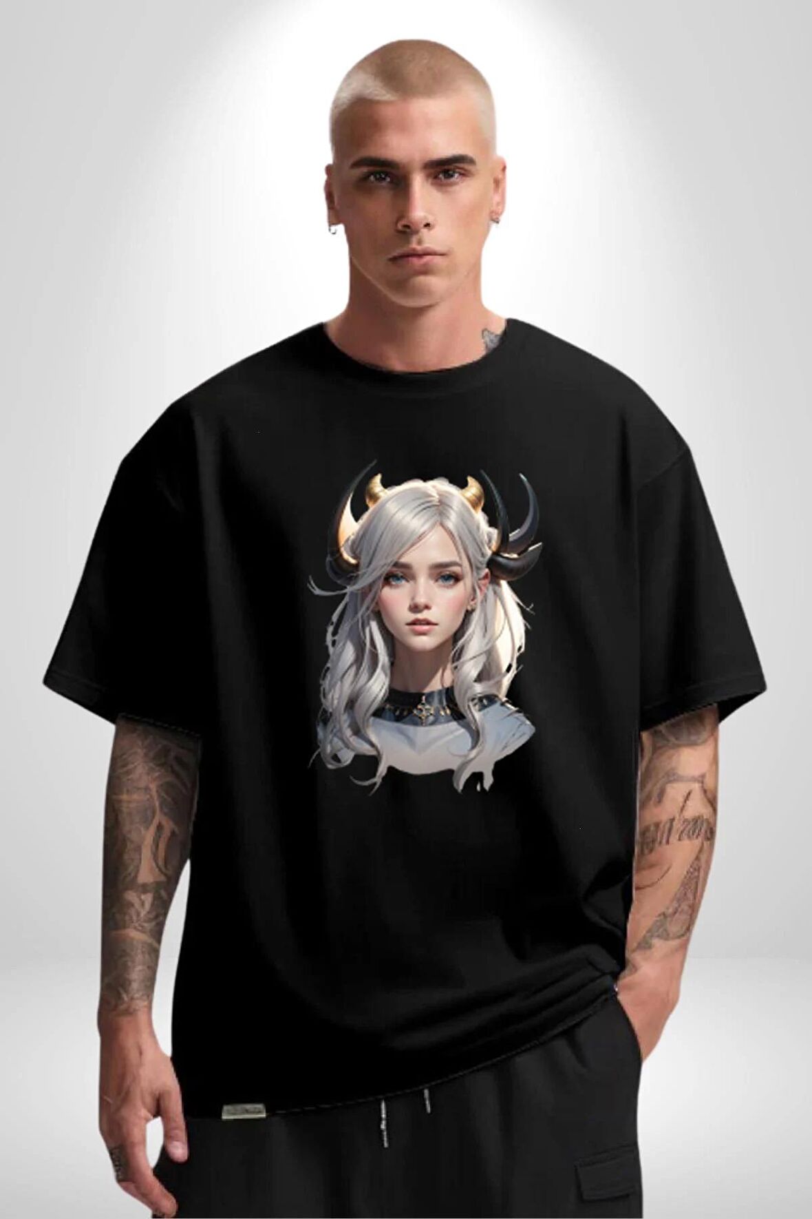Koç Kadın Savaşcı Pamuklu Bisiklet Yaka Kadın Erkek Oversize Boyfriend Dijital Baskılı Siyah T-shirt