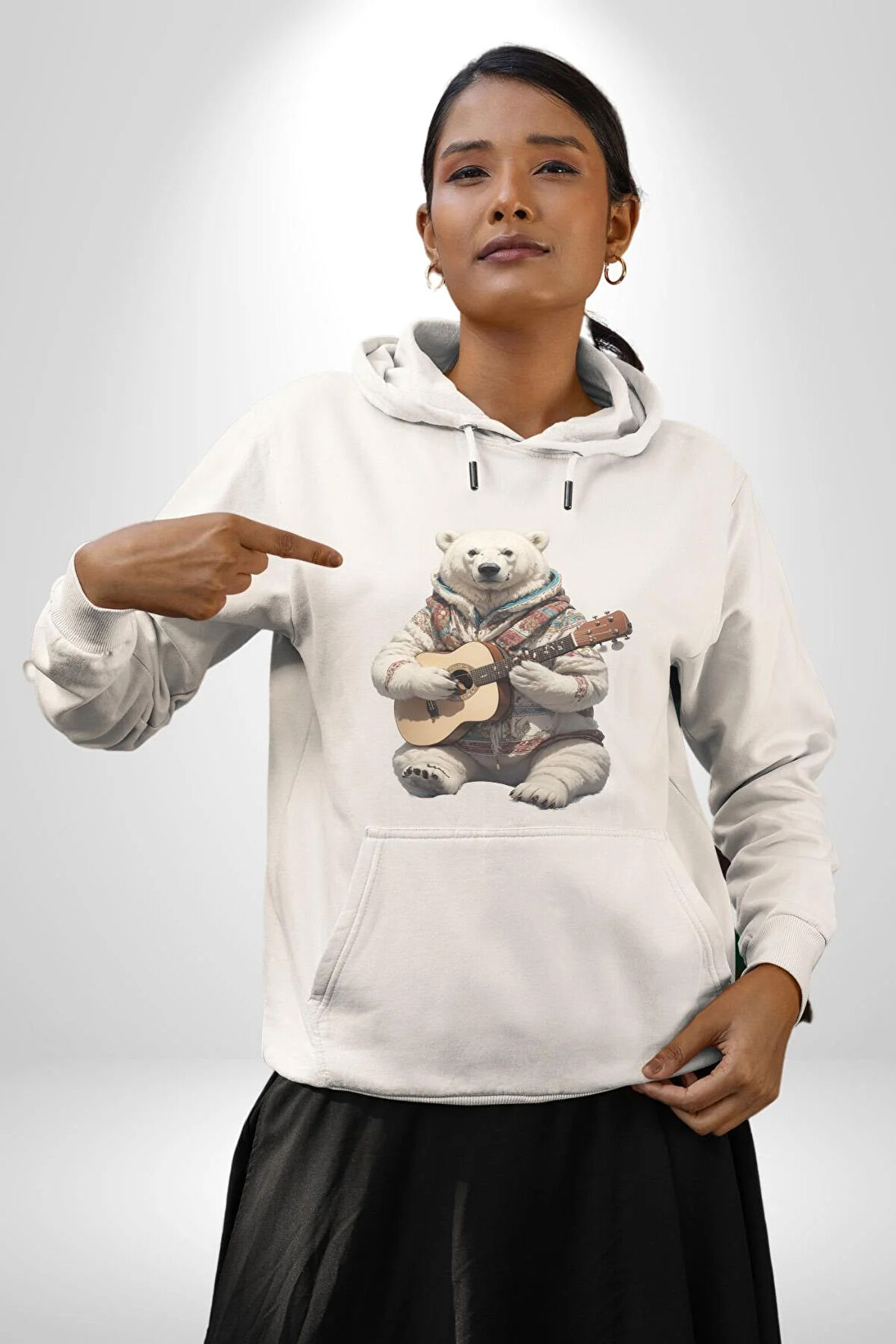 Kutup Ayısı Gitar Polar Çeket Kadın Erkek  Beyaz Kapüşonlu Sweatshirt Hoodie