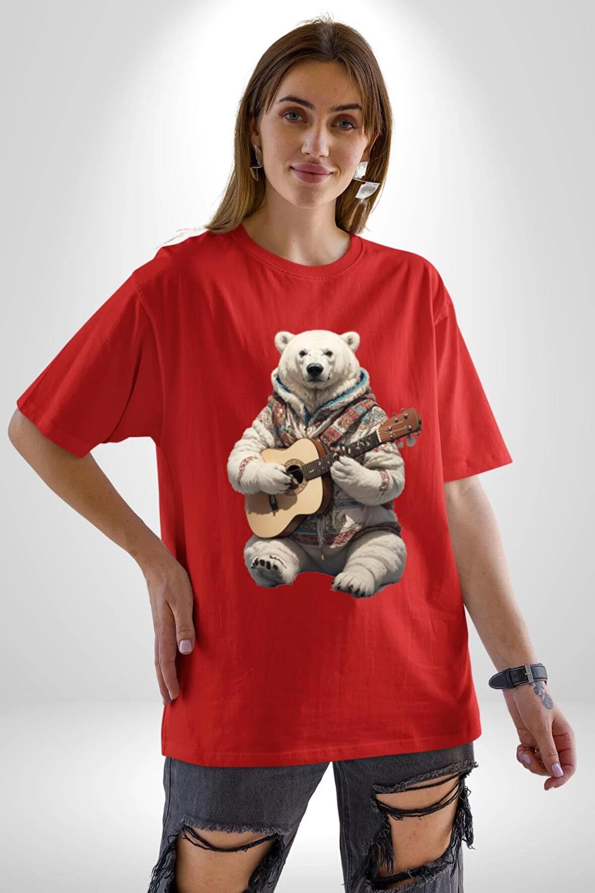 Kutup Ayısı Gitar Polar Çeket Pamuklu Bisiklet Yaka Kadın Erkek Oversize Boyfriend Dijital Baskılı Kırmızı T-Shirt
