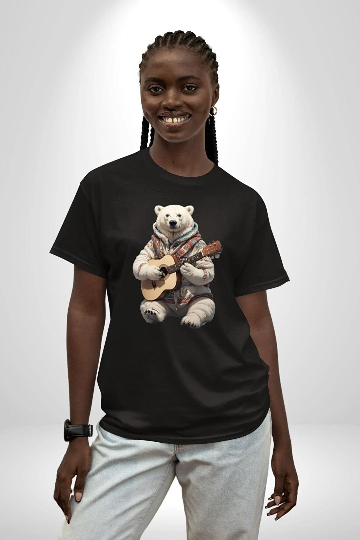 Kutup Ayısı Gitar Polar Çeket Pamuklu Bisiklet Yaka Kadın Erkek Oversize Boyfriend Dijital Baskılı Siyah T-shirt