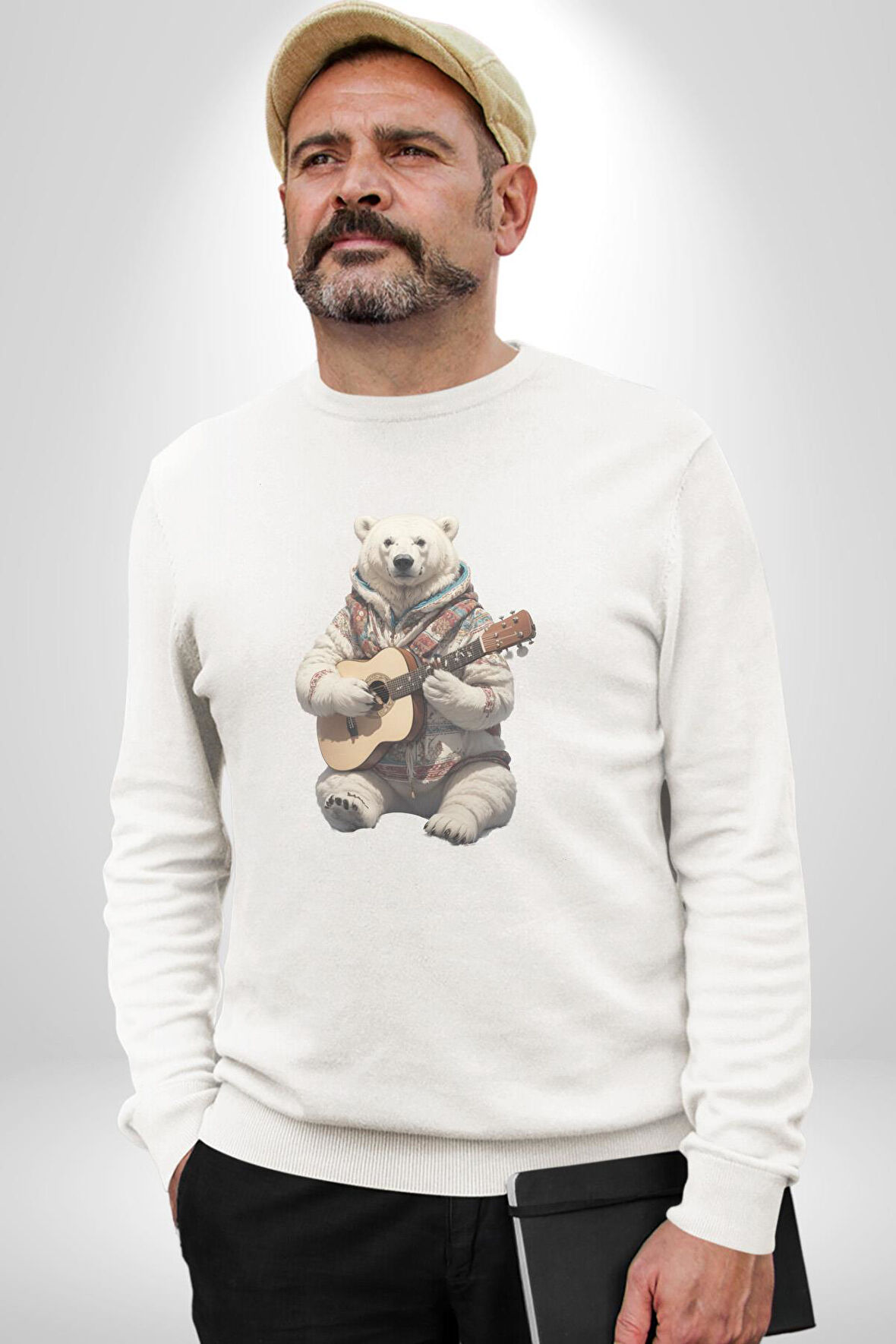 Kutup Ayısı Gitar Polar Çeket Kadın Erkek  Beyaz Baskılı Sweatshirt 