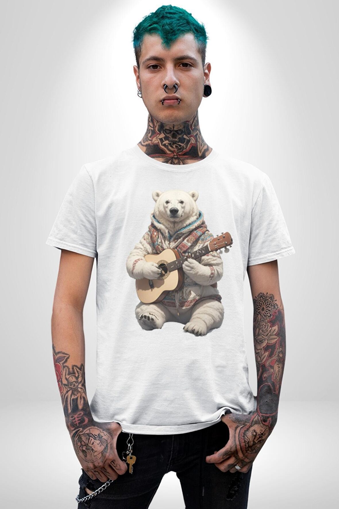 Kutup Ayısı Gitar Polar Çeket Kadın Erkek Unisex Beyaz Organik Baskılı T-Shirt Penye Yüksek Kalite
