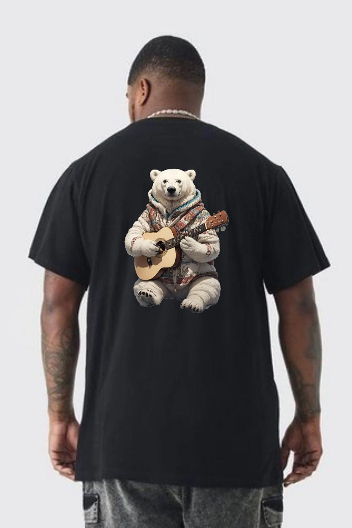 Kutup Ayısı Gitar Polar Çeket Büyük Beden Siyah Tişört Kadın Erkek Ünisex Sırt Baskılı