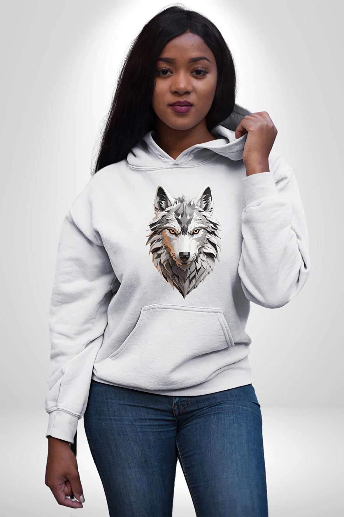Beyaz Kurt Kafası Kadın Erkek  Beyaz Kapüşonlu Sweatshirt Hoodie