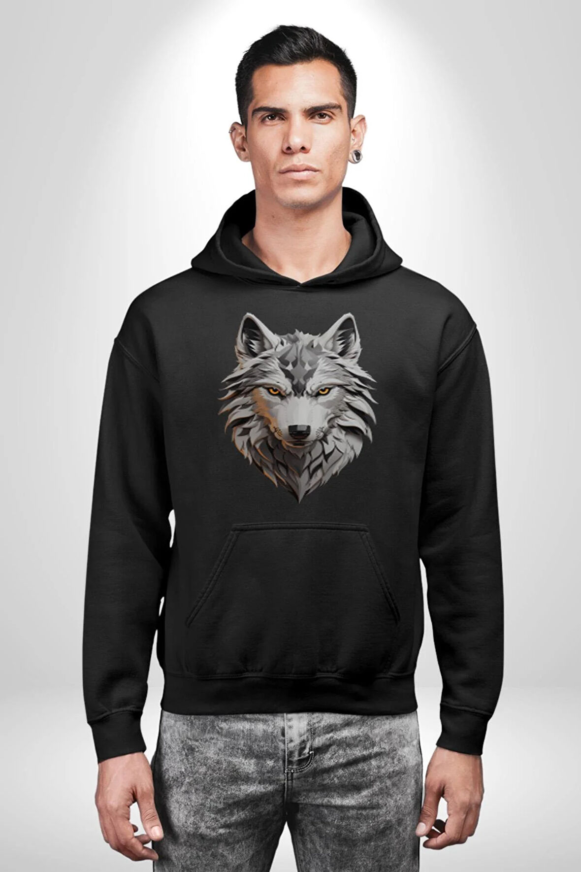 Beyaz Kurt Kafası Kadın Erkek  Siyah Kapüşonlu Sweatshirt Hoodie