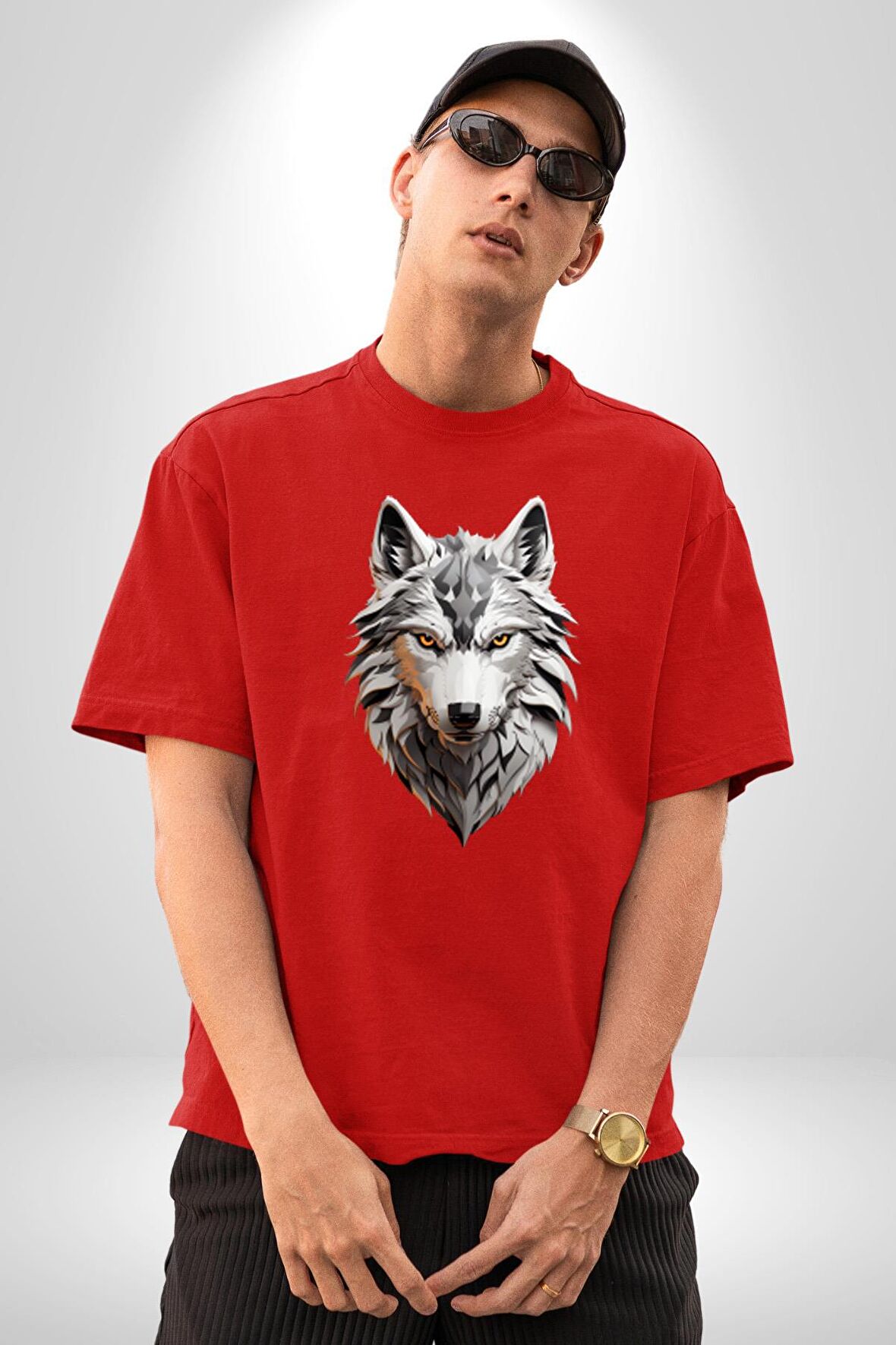 Beyaz Kurt Kafası Pamuklu Bisiklet Yaka Kadın Erkek Oversize Boyfriend Dijital Baskılı Kırmızı T-Shirt