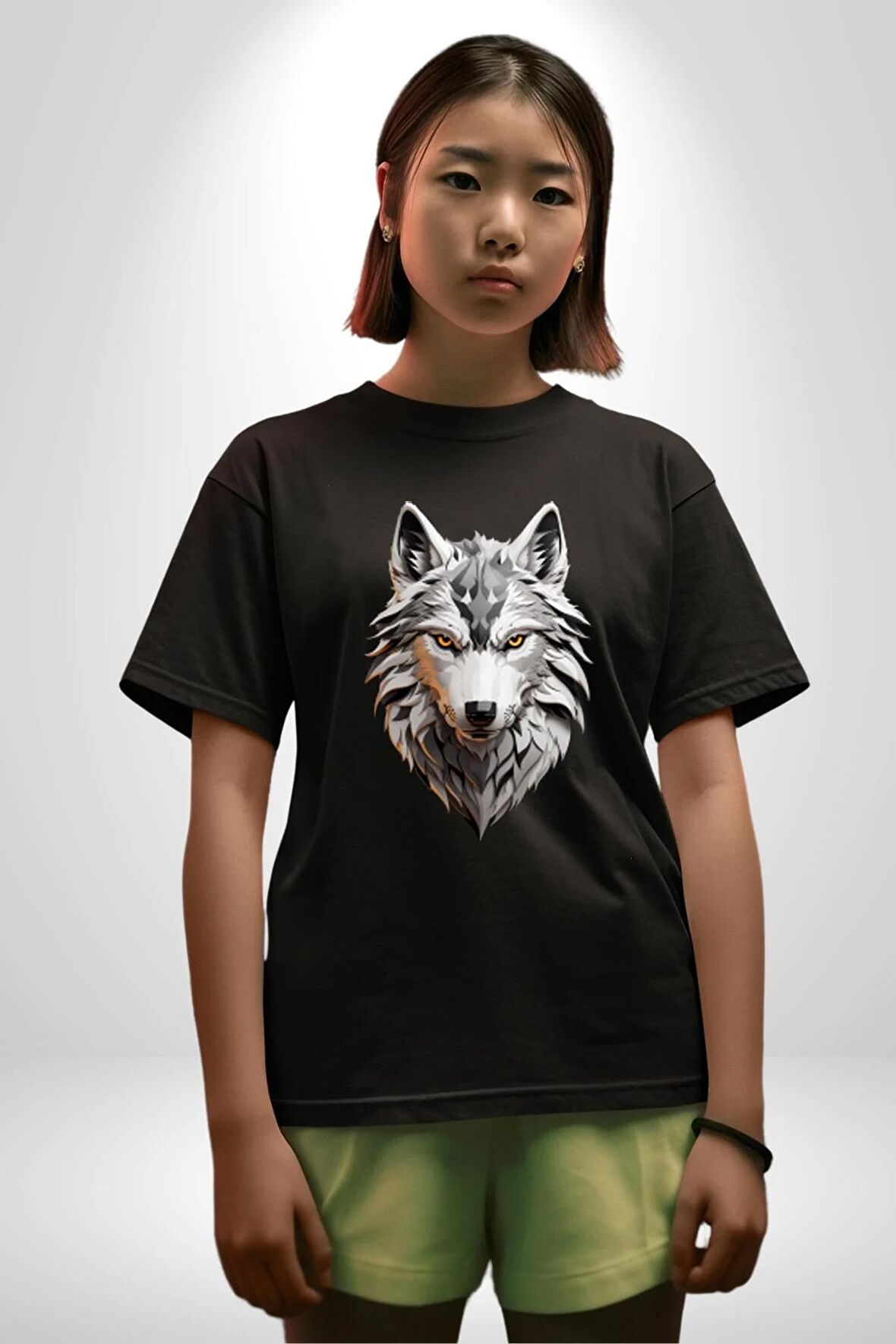 Beyaz Kurt Kafası Pamuklu Bisiklet Yaka Kadın Erkek Oversize Boyfriend Dijital Baskılı Siyah T-shirt