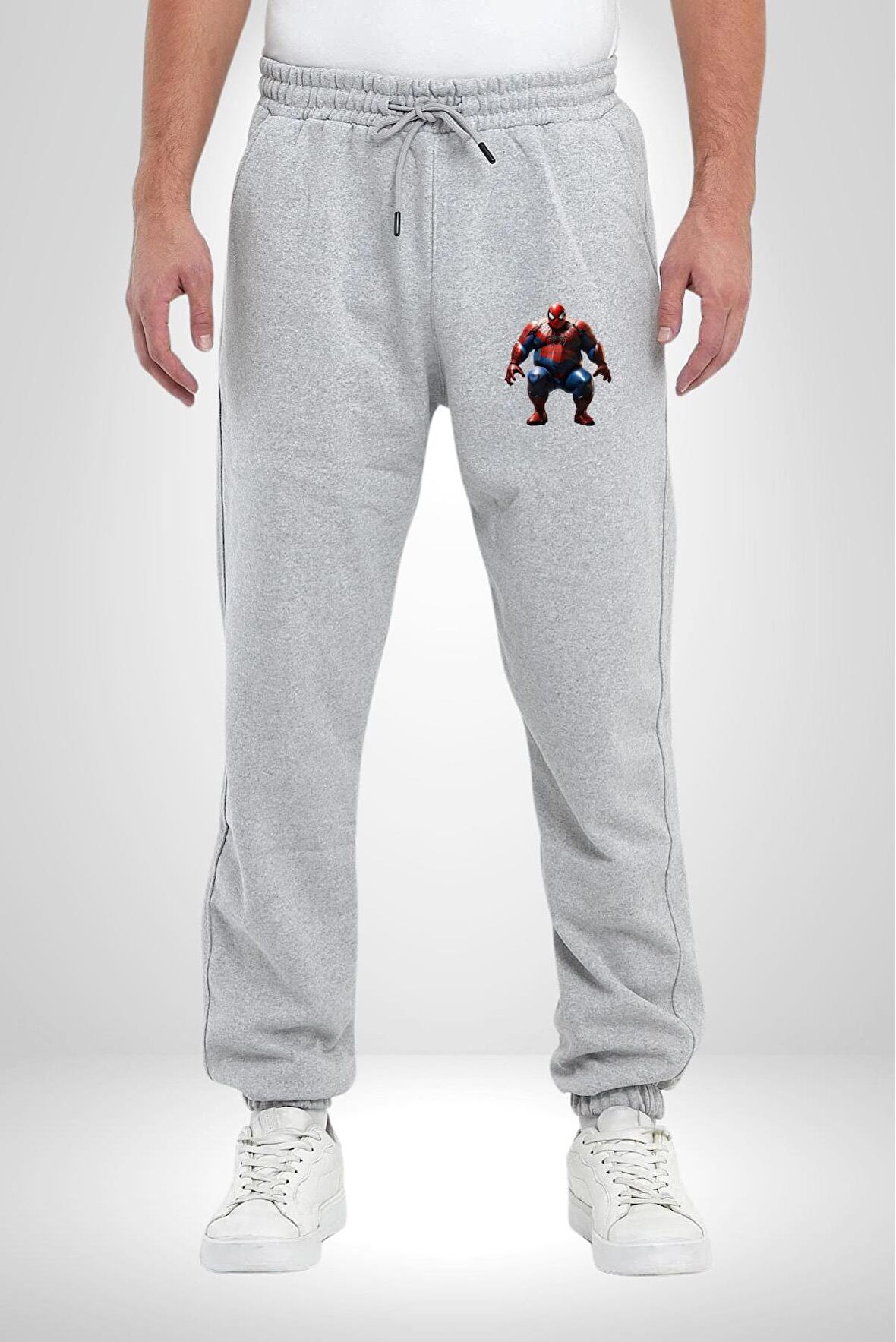 Şişman Spiderman  Pamuklu 3 İplik Gri Eşofman Altı Erkek Oversize Kesim Dijital Baskılı