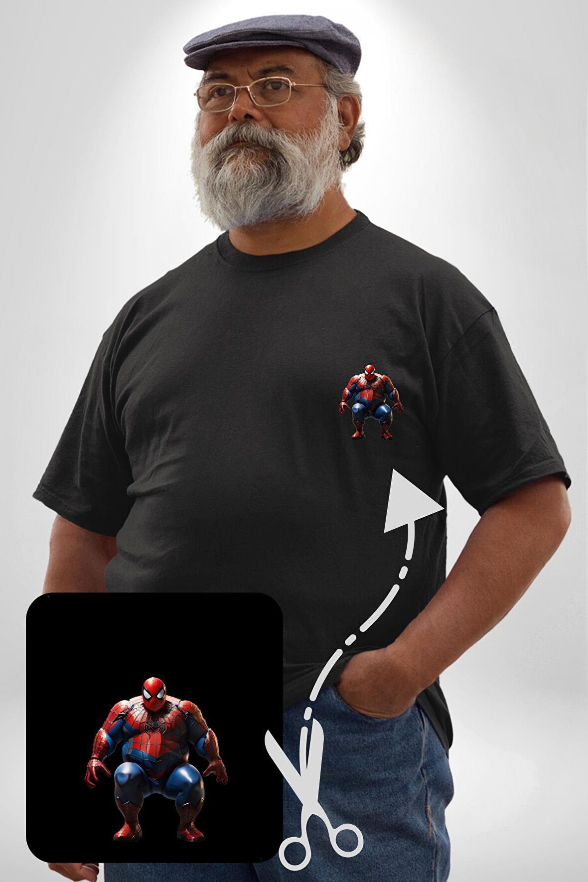 Şişman Spiderman  Siyah Büyük Beden Kadın Basic Minimal Baskılı Tişört