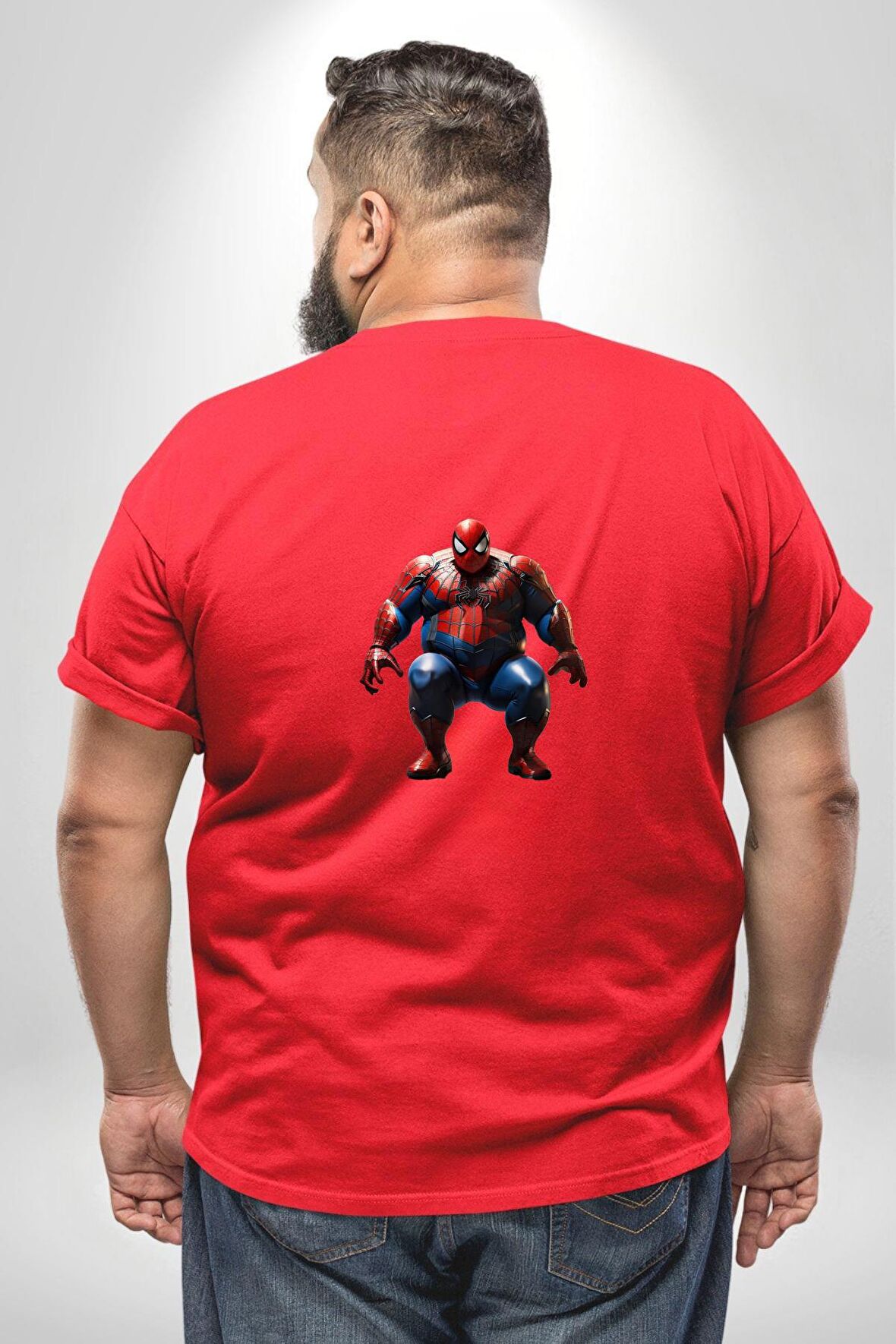 Şişman Spiderman  Büyük Beden Kırmızı Tişört Kadın Erkek Ünisex Sırt Baskılı