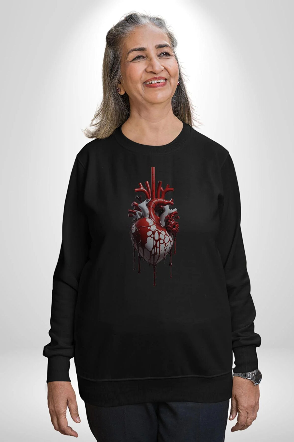 Kırmızı Beyaz Kalp Toplar Damar Kadın Erkek  Siyah Baskılı Sweatshirt 