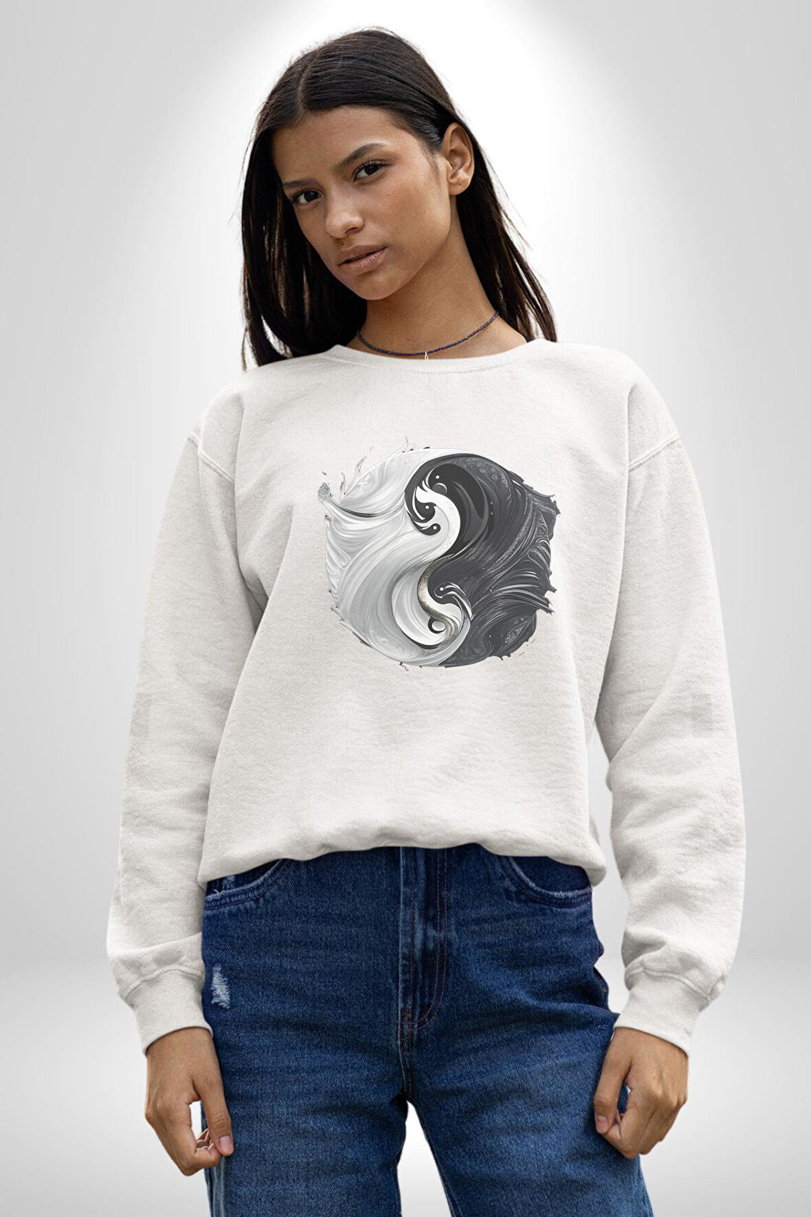 Siyah Beyaz Ying Yang Kadın Erkek  Beyaz Baskılı Sweatshirt 