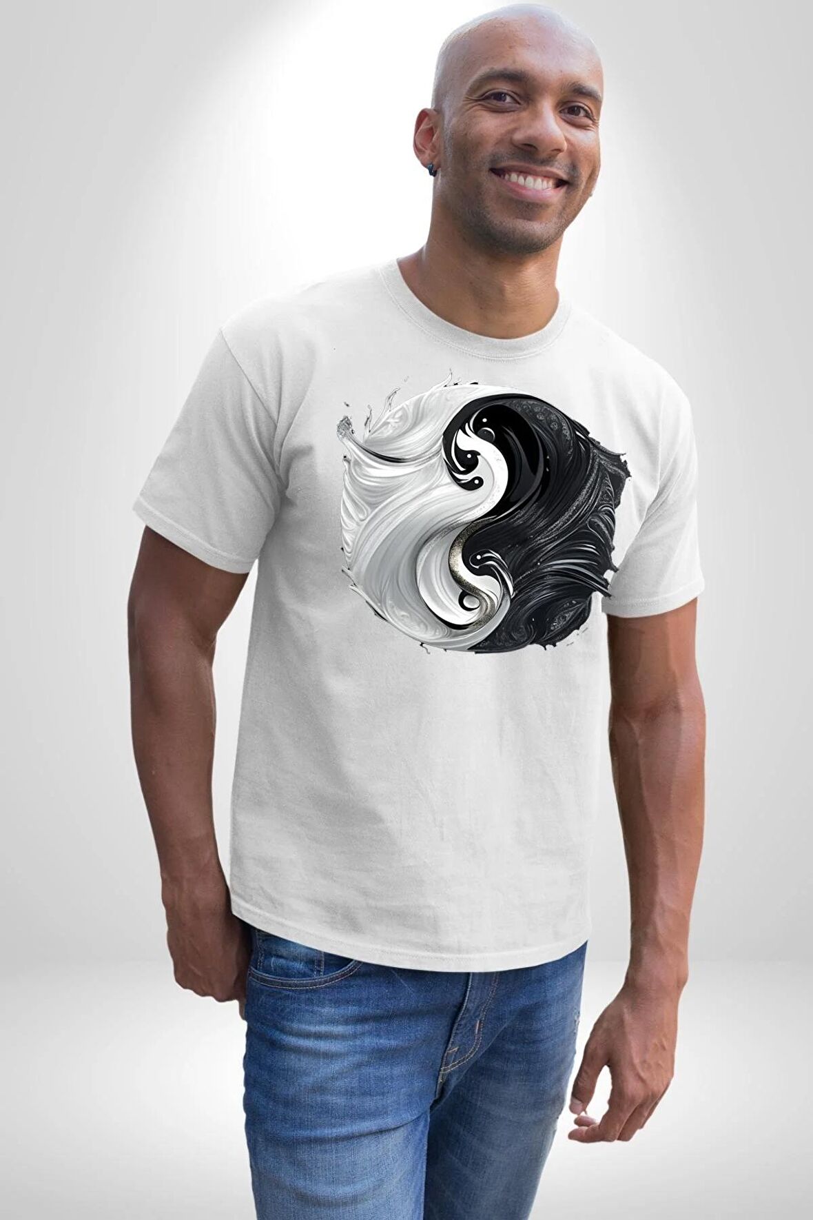 Siyah Beyaz Ying Yang Kadın Erkek Unisex Beyaz Organik Baskılı T-Shirt Penye Yüksek Kalite