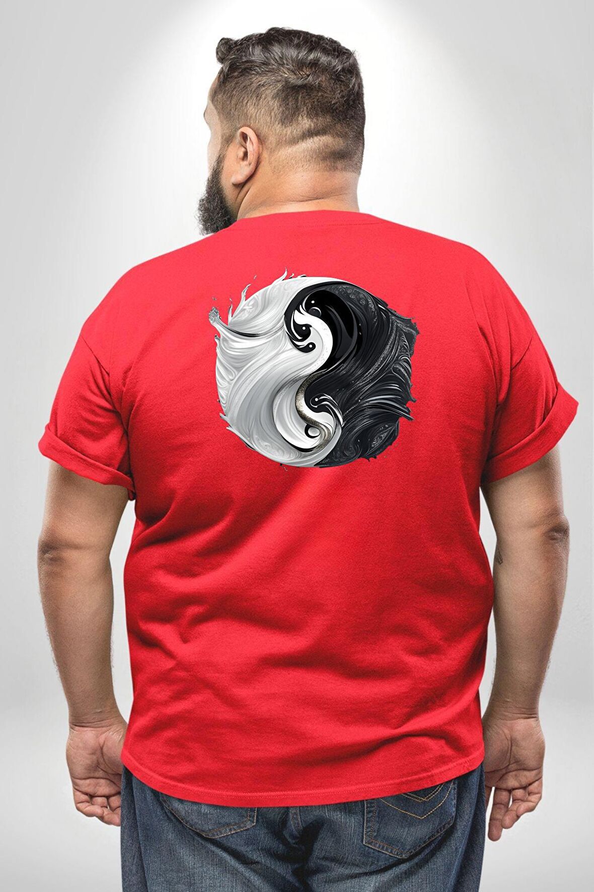 Kırmızı Beyaz Ying Yang Büyük Beden Kırmızı Tişört Kadın Erkek Ünisex Sırt Baskılı