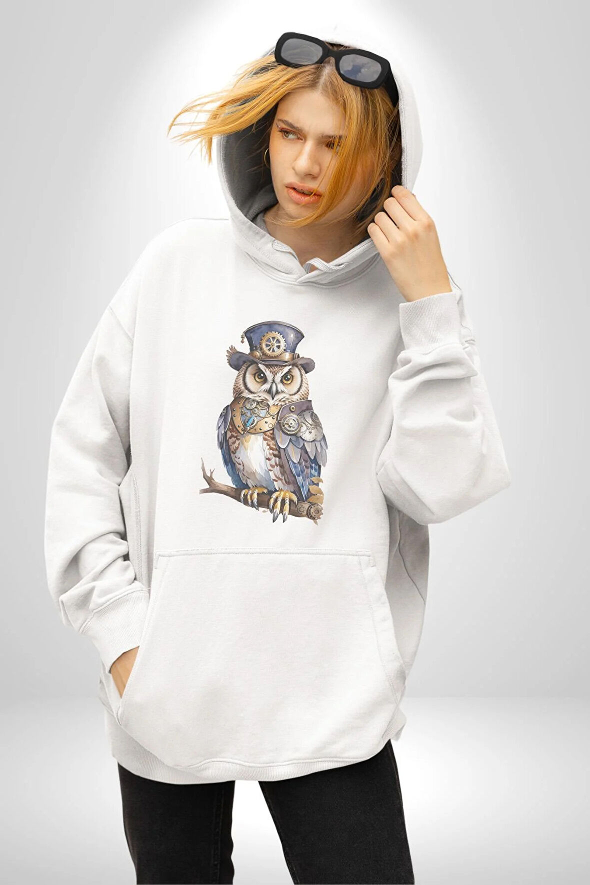 Şapkalı Amerikalı Baykuş Burjuva Baykuş Kadın Erkek  Beyaz Kapüşonlu Sweatshirt Hoodie