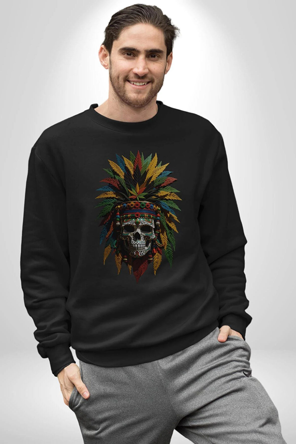 Kurukafa İskelet  Kızılderili Tüy Kartal Şefi Kadın Erkek  Siyah Baskılı Sweatshirt 