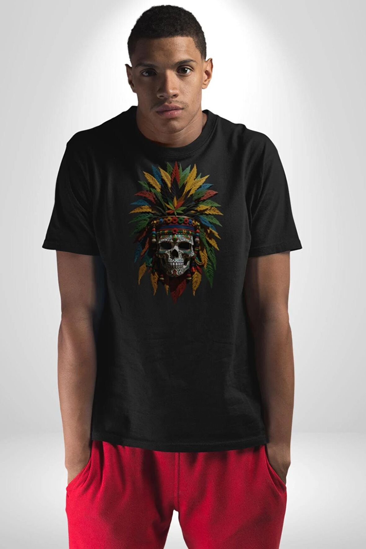 Kurukafa İskelet  Kızılderili Tüy Kartal Şefi Kadın Erkek Unisex Siyah Organik Baskılı T-Shirt Penye Yüksek Kalite