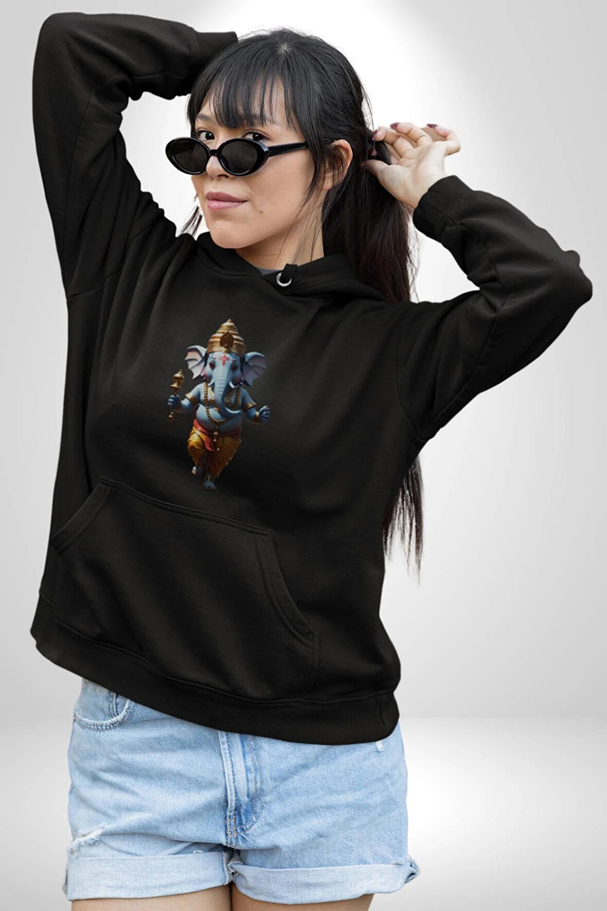 Hintli Bereket Tanrısı Fil  Kadın Erkek  Siyah Kapüşonlu Sweatshirt Hoodie