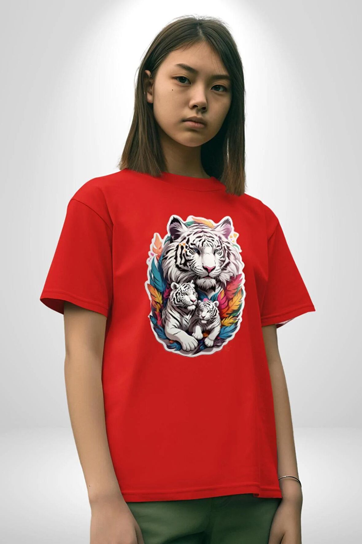 Beyaz Kaplan Ailesi Renkli Tüyler Pamuklu Bisiklet Yaka Kadın Erkek Oversize Boyfriend Dijital Baskılı Kırmızı T-Shirt