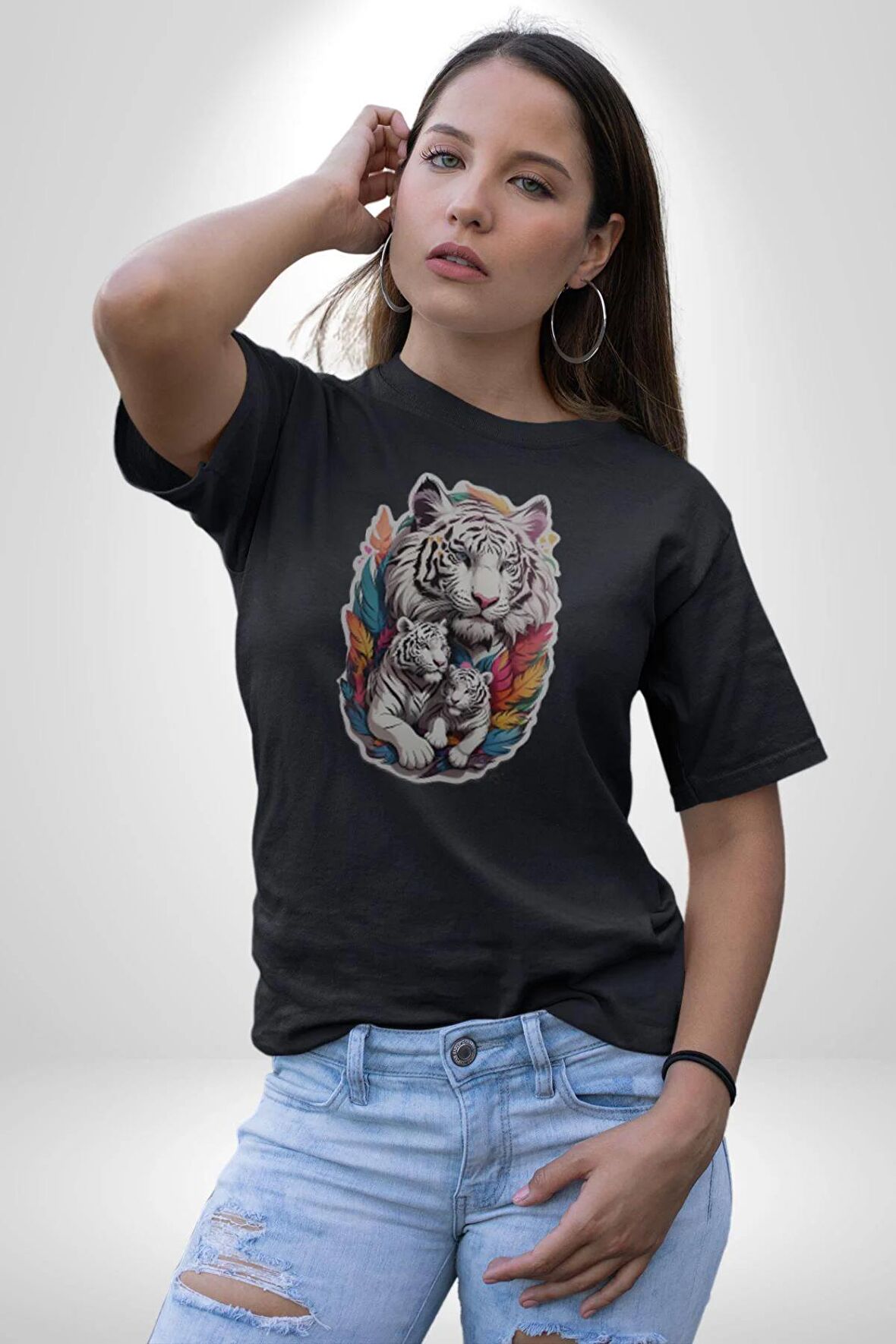 Siyah Kaplan Ailesi Renkli Tüyler Kadın Erkek Unisex Siyah Organik Baskılı T-Shirt Penye Yüksek Kalite