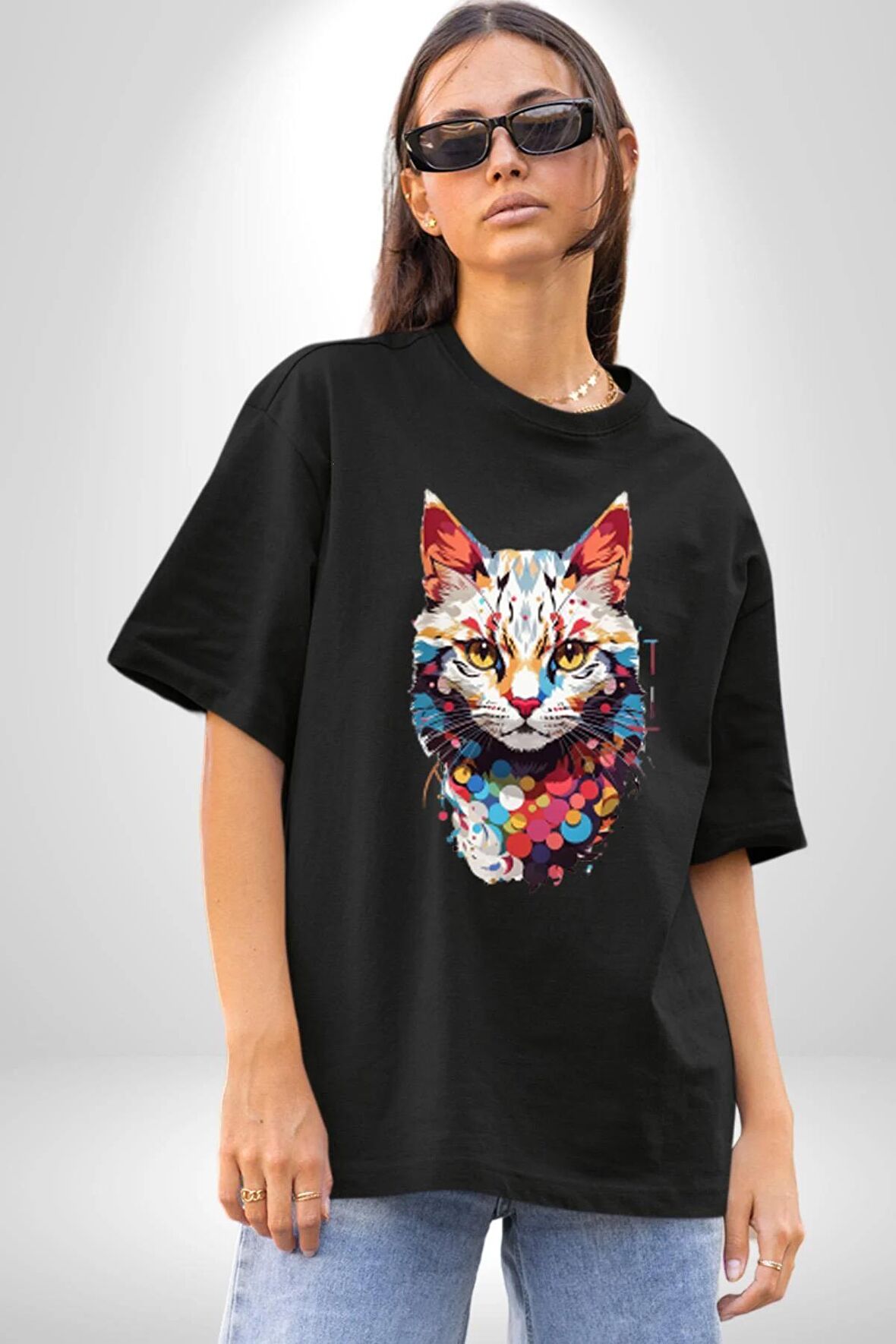 Renki Kedi Sarı Gözlü Tekir Pamuklu Bisiklet Yaka Kadın Erkek Oversize Boyfriend Dijital Baskılı Siyah T-shirt