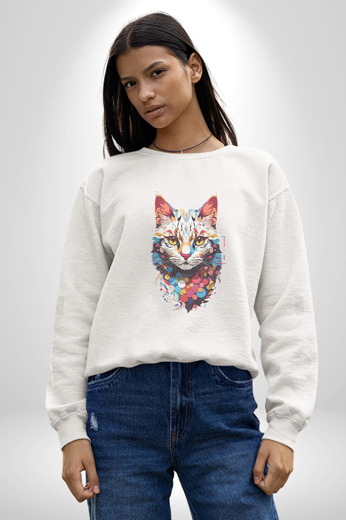 Renki Kedi Sarı Gözlü Tekir Kadın Erkek  Beyaz Baskılı Sweatshirt 
