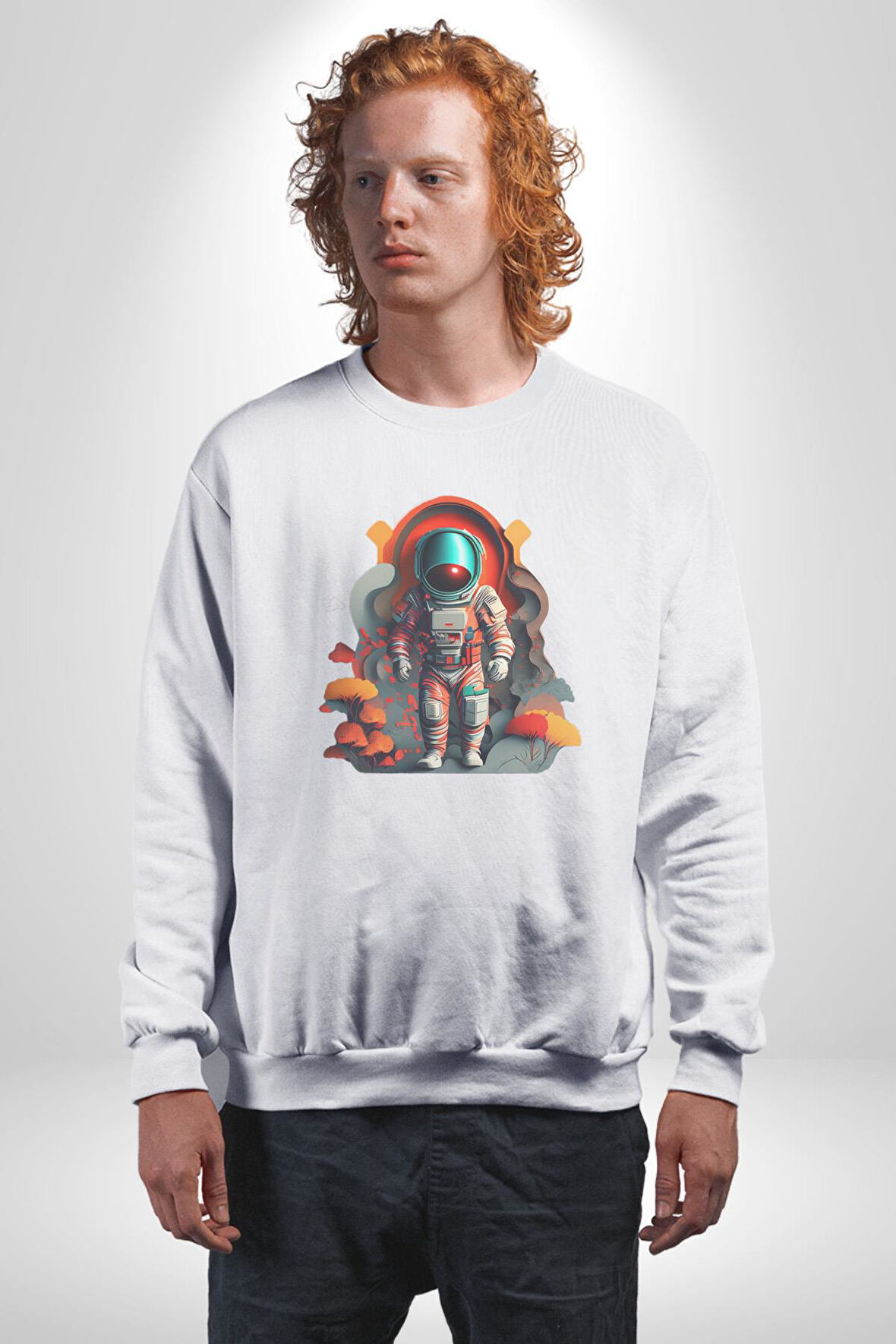 Astronot Yapay Zeka Yürüyüş Kadın Erkek  Beyaz Baskılı Sweatshirt 