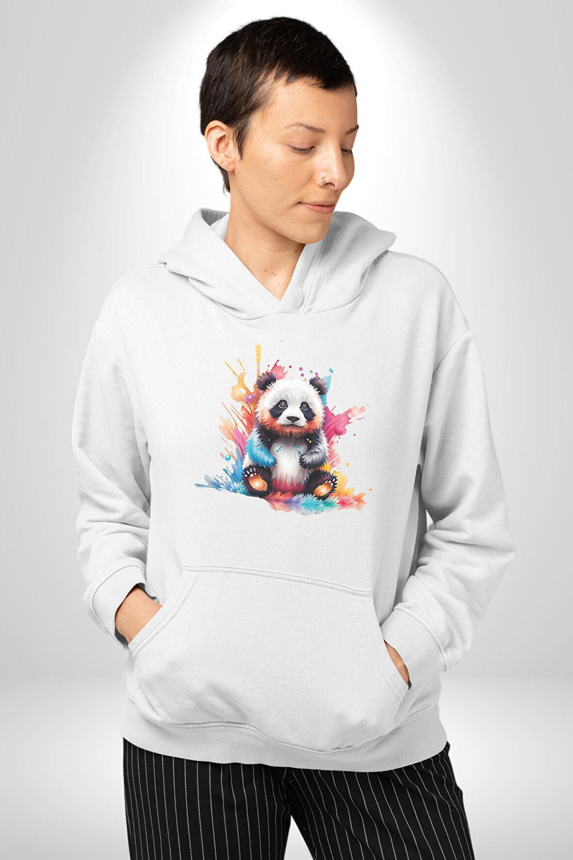 Renkli Yavru Panda  Kadın Erkek  Beyaz Kapüşonlu Sweatshirt Hoodie