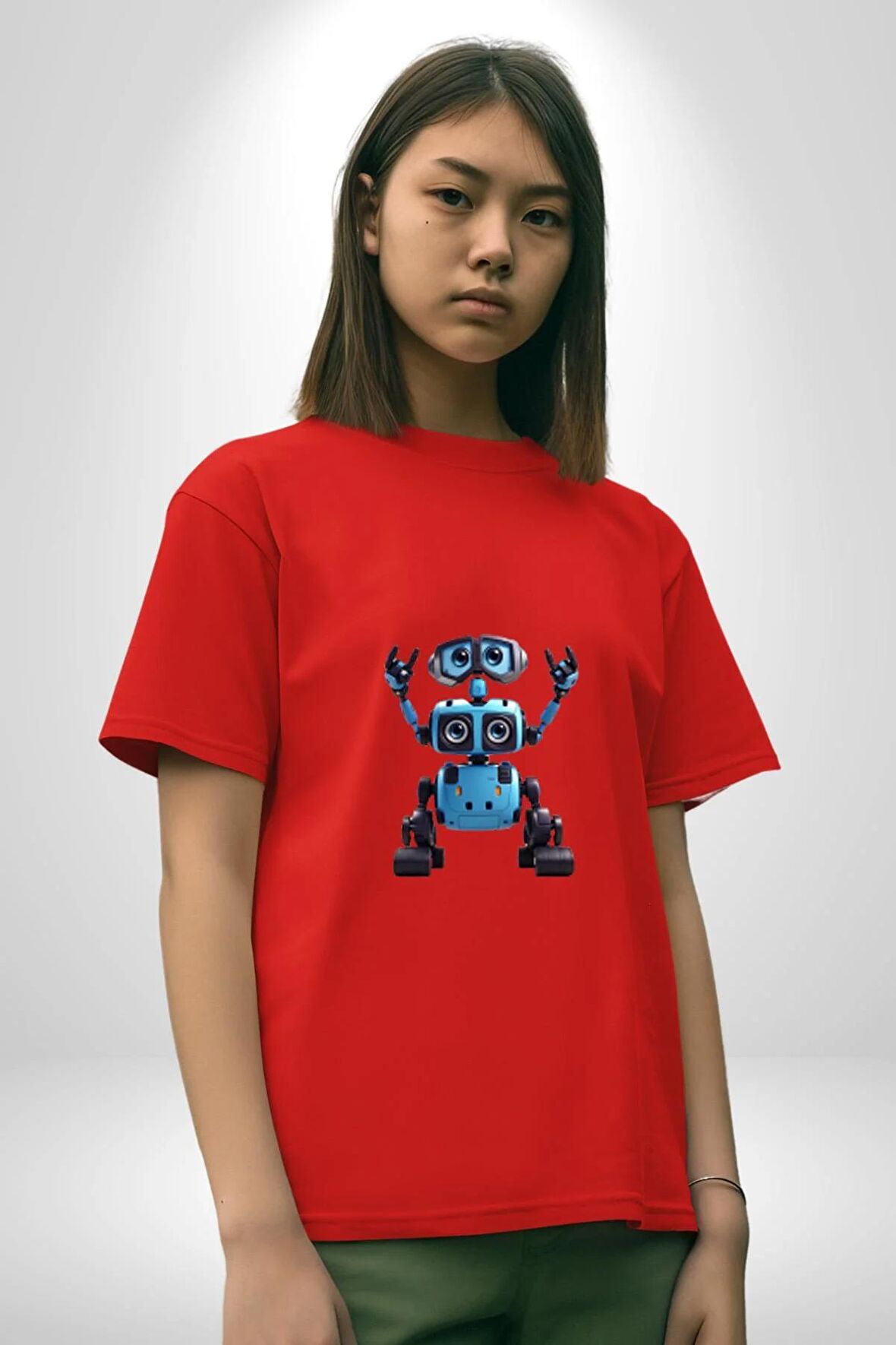Hexapod Robot 4 Gözlü  Pamuklu Bisiklet Yaka Kadın Erkek Oversize Boyfriend Dijital Baskılı Kırmızı T-Shirt