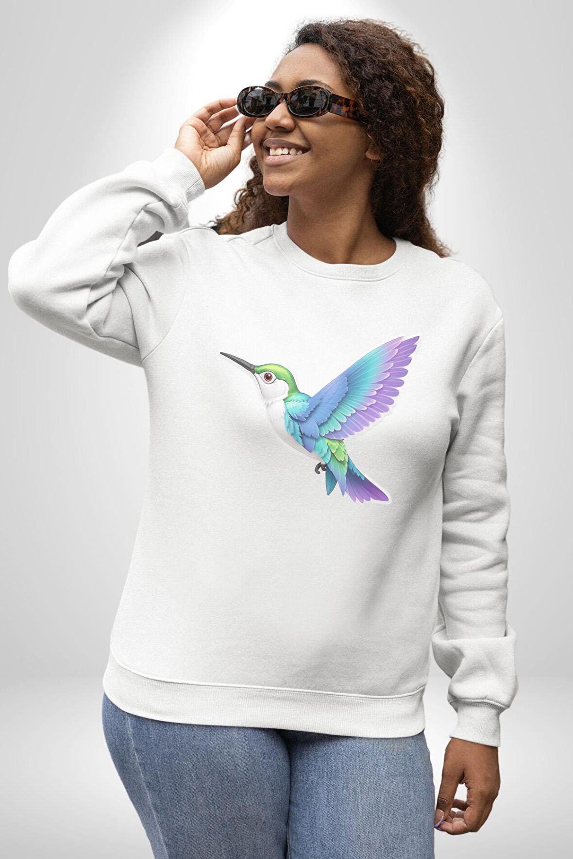 Sinek Kuşu Renkli Kadın Erkek  Beyaz Baskılı Sweatshirt 