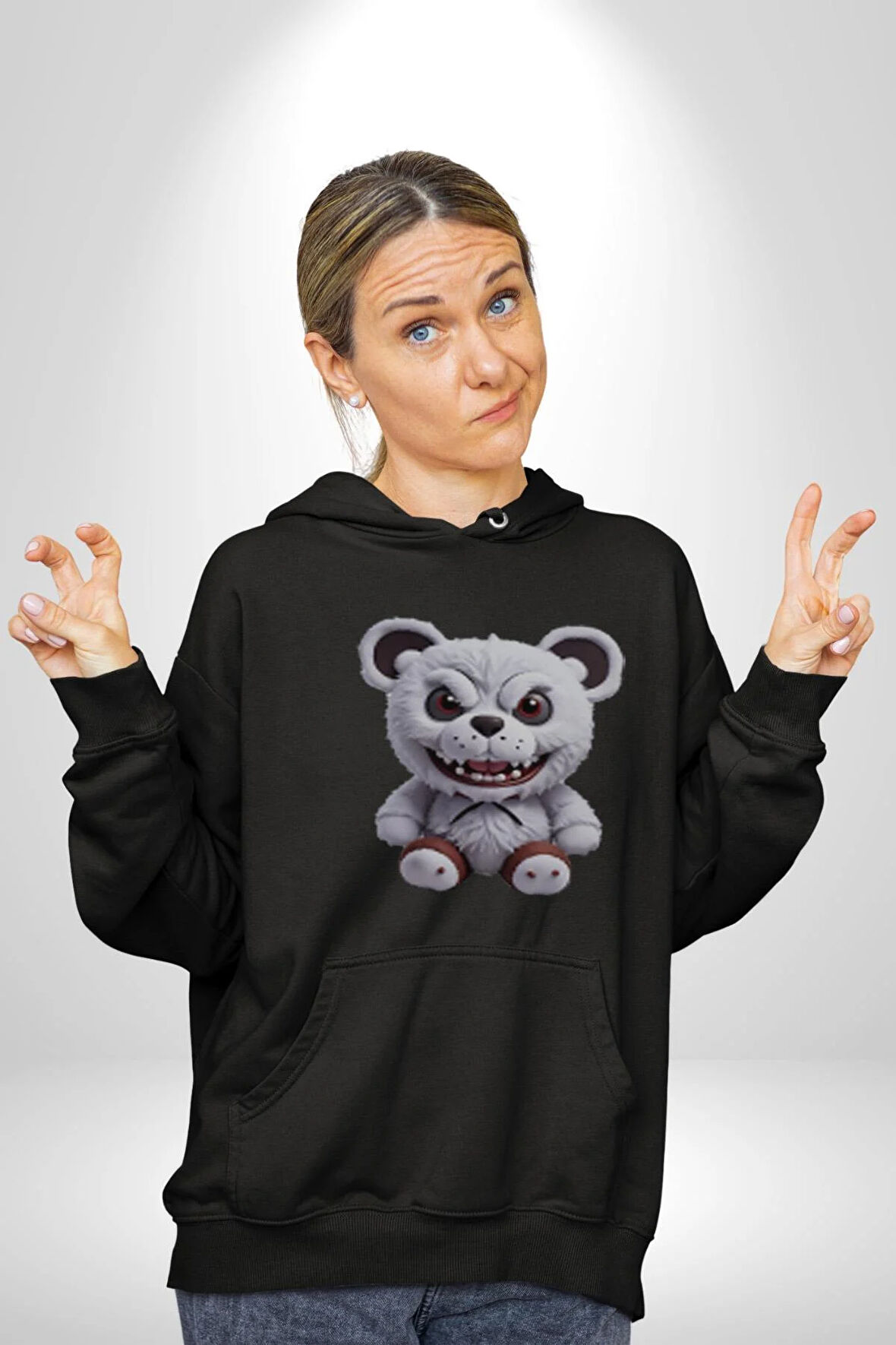 Freddy Korkunç Ayı Kadın Erkek  Siyah Kapüşonlu Sweatshirt Hoodie