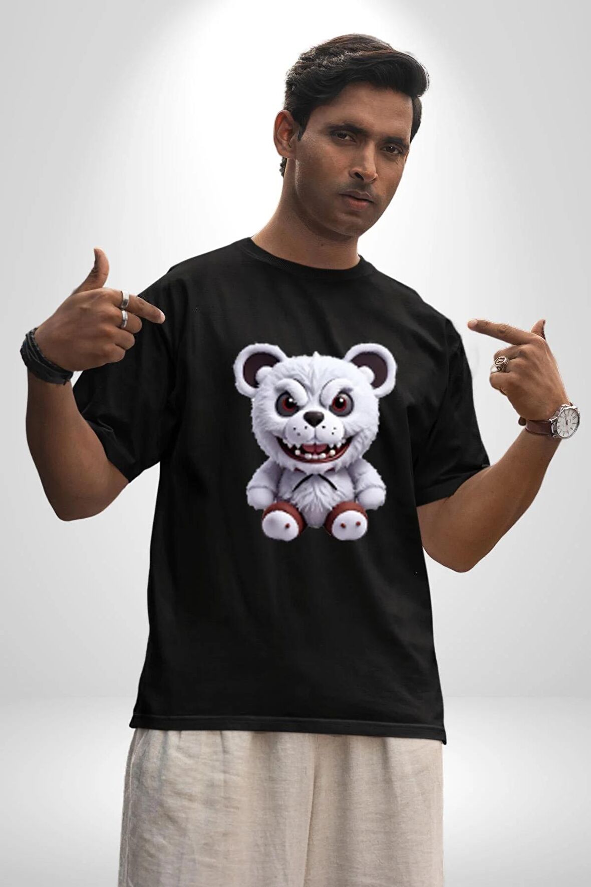 Freddy Korkunç Ayı Pamuklu Bisiklet Yaka Kadın Erkek Oversize Boyfriend Dijital Baskılı Siyah T-shirt