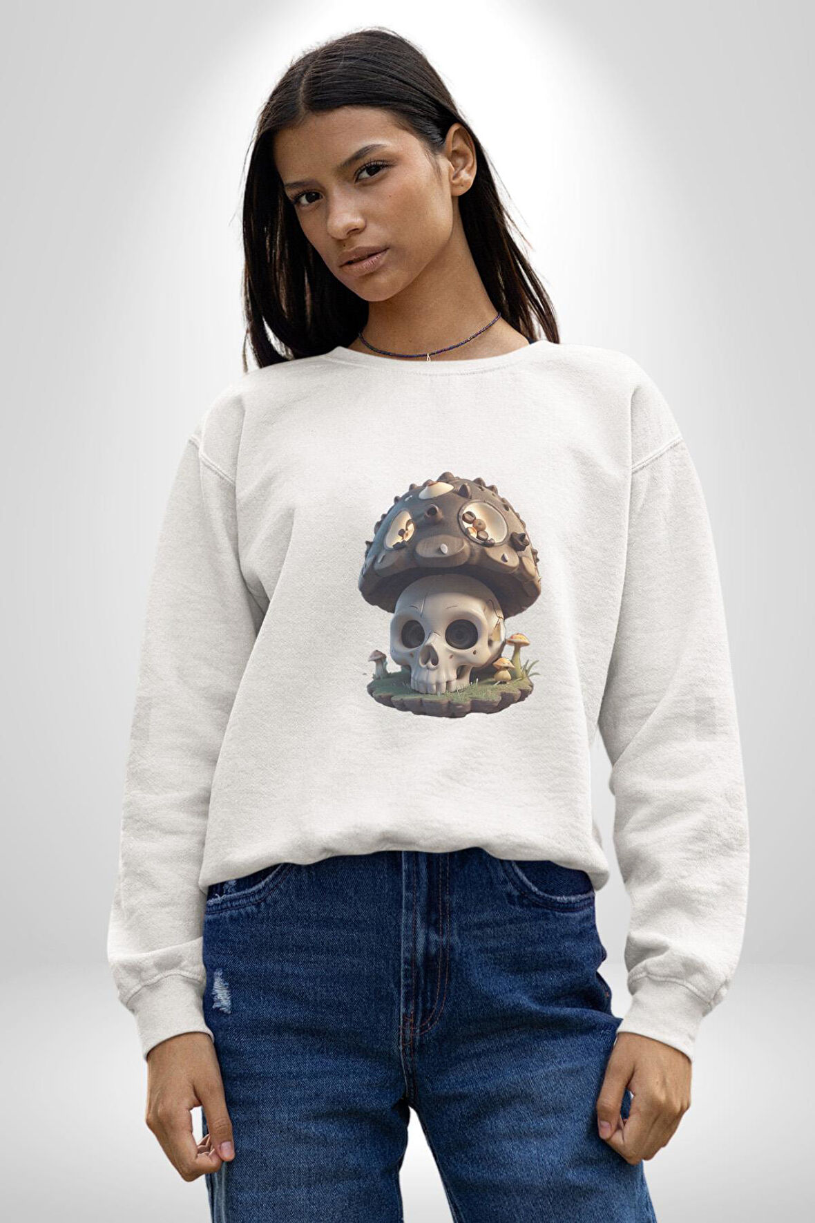 Kurukafa Mantar Ev  Kadın Erkek  Beyaz Baskılı Sweatshirt 