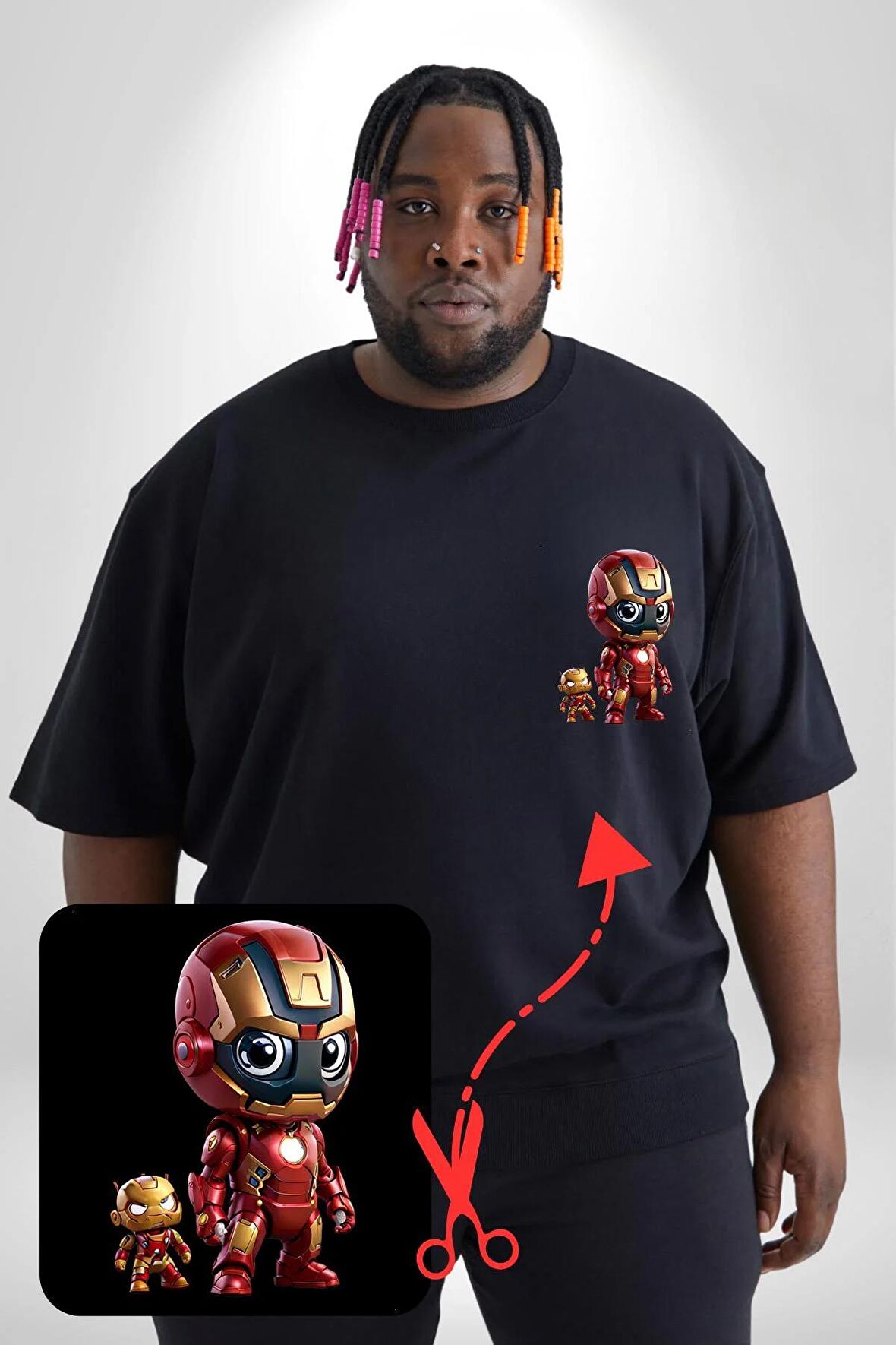 Yenilmezler Avengers Bebek Iron Man Siyah Büyük Beden Kadın Basic Minimal Baskılı Tişört