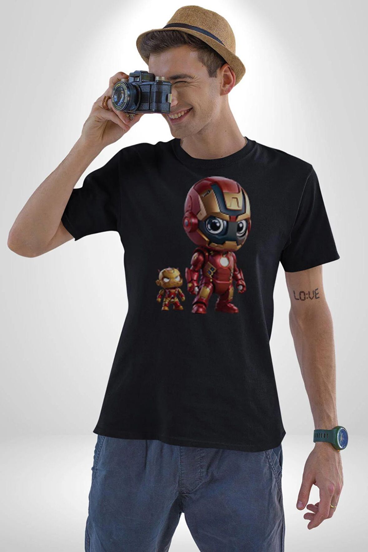 Yenilmezler Avengers Bebek Iron Man Kadın Erkek Unisex Siyah Organik Baskılı T-Shirt Penye Yüksek Kalite